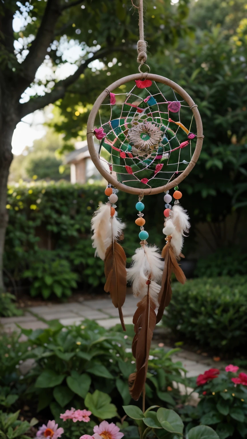 colorful Dream Catcher, beautiful garden, ultra realistic photo, bokeh effect