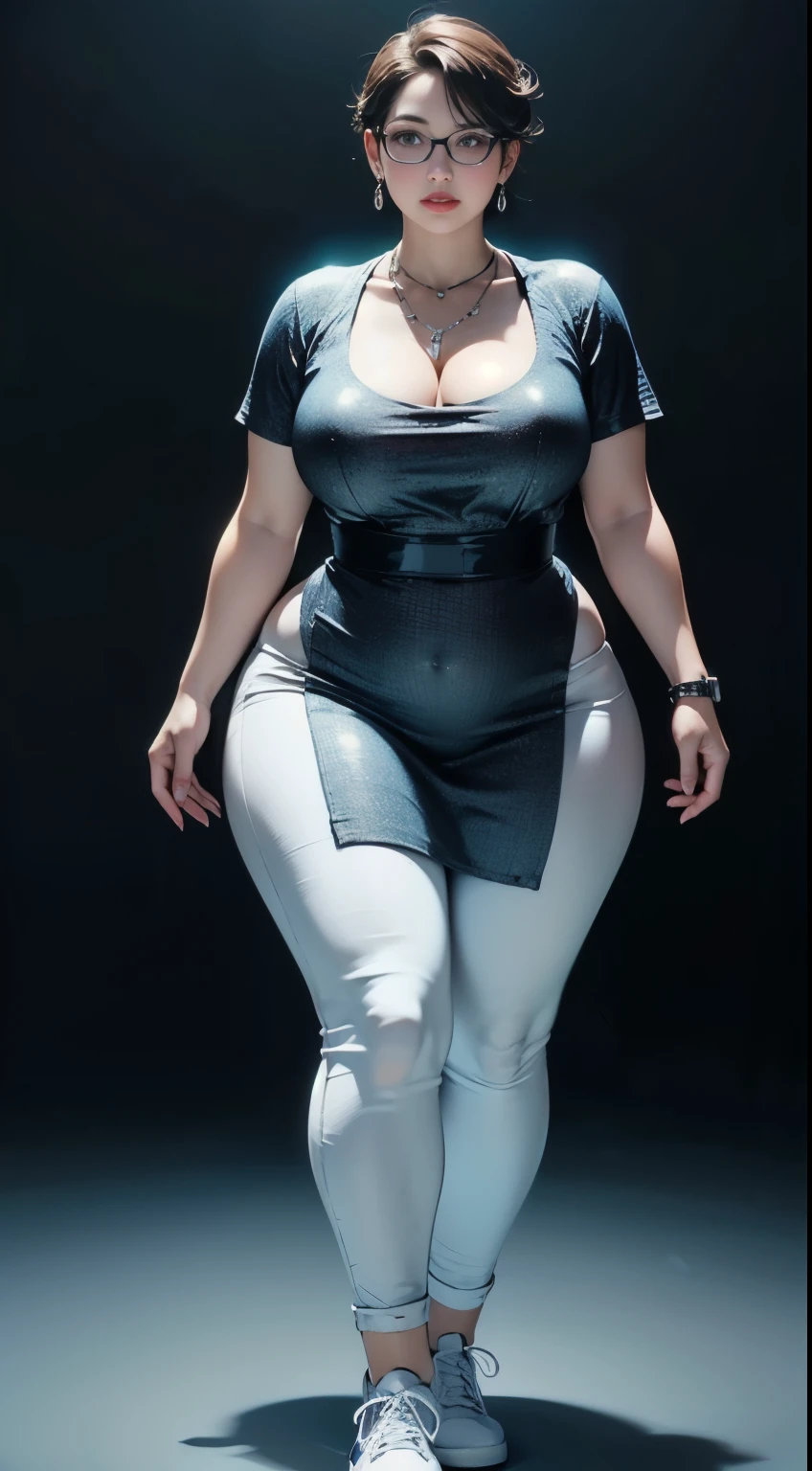 ((best quality)), ((masterpiece)), (detailed), perfect face, chubby woman, chubby face , chubby girl , widest hips , fat belly , thick neck ,, thicc , thick body , thick thighs , thick arm, small breasts but her body is a chubby, full body view, dark-black room, black bokeh background, thight dress, wearing sneakers, short hairstyle, diamond necklace, wearing a watch, tall woman, restore face, white skin , longest thight pants , glasses , cold vibes, , 4k resolution, japanese goddess,voluptuous