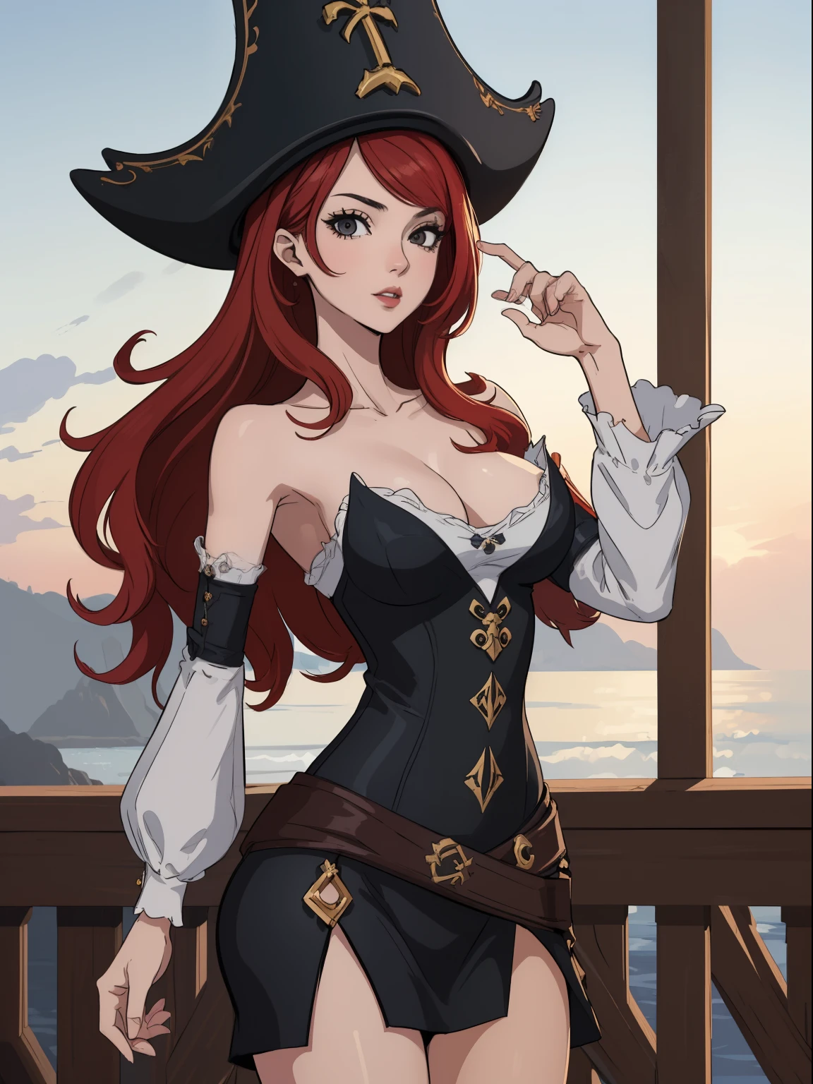 (obra de arte, maximum quality, melhor qualidade, arte oficial, beautiful and aesthetic:1.2), (1 garota:1.4), extremamente detalhado, miss fortune, sexy, corpo todo, pose sexy, quase nu, with pirate hat, navio pirata