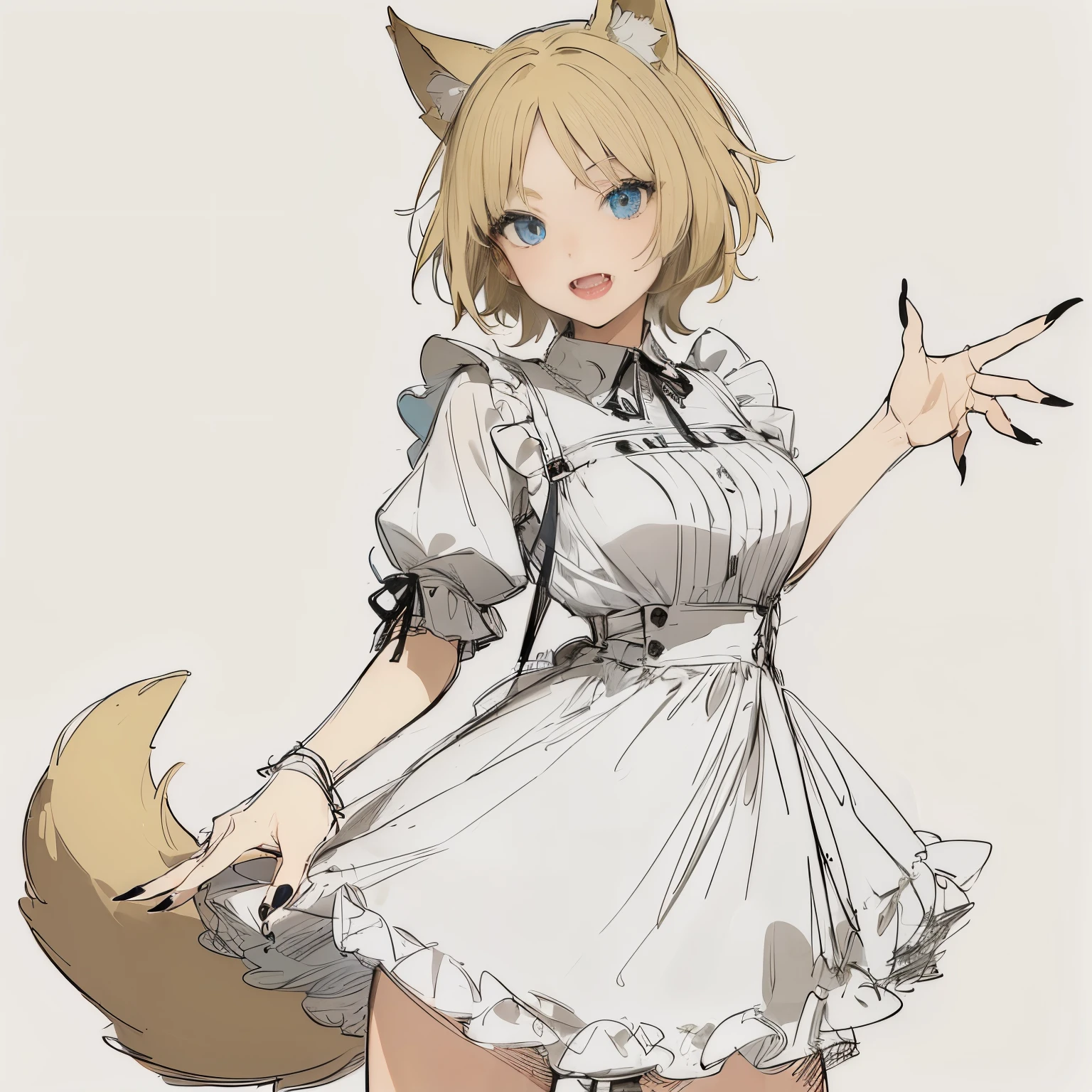 masterpiece, best quality, ultra-detailed, beautiful, 1girl, solo, wolf girl, wolf ears, wolf tail, blonde hair, short hair, fangs, blue eyes, vintage dress, sharp fingernails, black nails, standing, shoot from front, simple background, looking at viewer, (moe artstyle:1.2), (scribble lineart1.2), (messy lineart:1.2), (sketch:1.3),