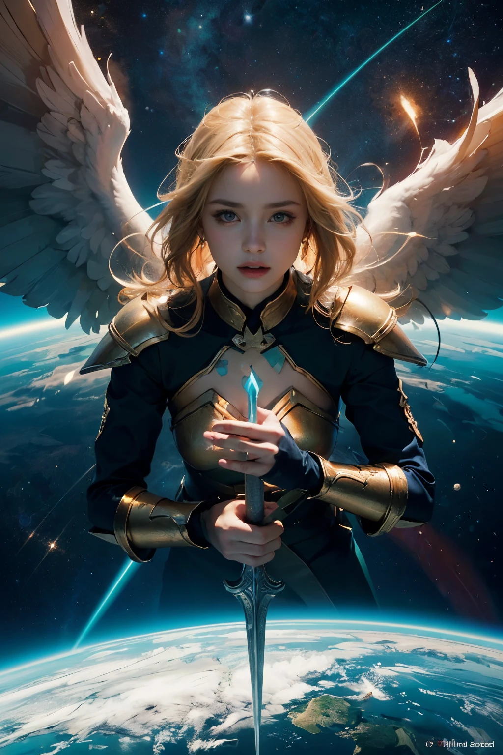 ((best quality),) ((ultra realistic)), ((detailed face)), ((masterpiece)), (perfect angel dagger), ((high-angle)), angel of doom flying over the blue-green earth, very big majestic wings, angel holding glowing a golden warrior dagger, blonde hair, harsh descent towards the planet from outer space, glow with power, gleaming golden armor glinting in the starlight, planet swirling with blues and greens under a hazy atmosphere, powerful, perspective , epic dark fantasy artwork, dynamic motion, 32k UHD, hyper-realistic, glowing, precisionist lines, cinematic, ultra details, LnF, GlowingRunes_yellow, 