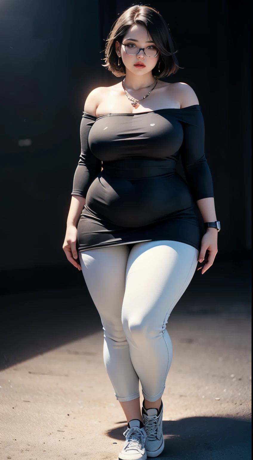 ((best quality)), ((masterpiece)), (detailed), perfect face, chubby woman, chubby face , chubby girl , widest hips , fat belly , thick neck ,, thicc , thick body , thick thighs , thick arm, small breasts but her body is a chubby, full body view, dark-black room, black bokeh background, thight dress, wearing sneakers, short hairstyle, diamond necklace, wearing a watch, tall woman, restore face, white skin , longest thight pants , glasses , cold vibes, , 4k resolution, japanese goddess,voluptuous 