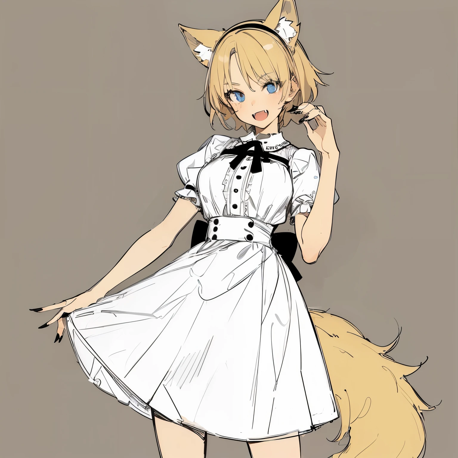 masterpiece, best quality, ultra-detailed, beautiful, 1girl, solo, wolf girl, wolf ears, wolf tail, blonde hair, short hair, fangs, blue eyes, vintage dress, sharp fingernails, black nails, standing, shoot from front, simple background, looking at viewer, (moe artstyle:1.2), (scribble lineart1.2), (messy lineart:1.2), (sketch:1.3),