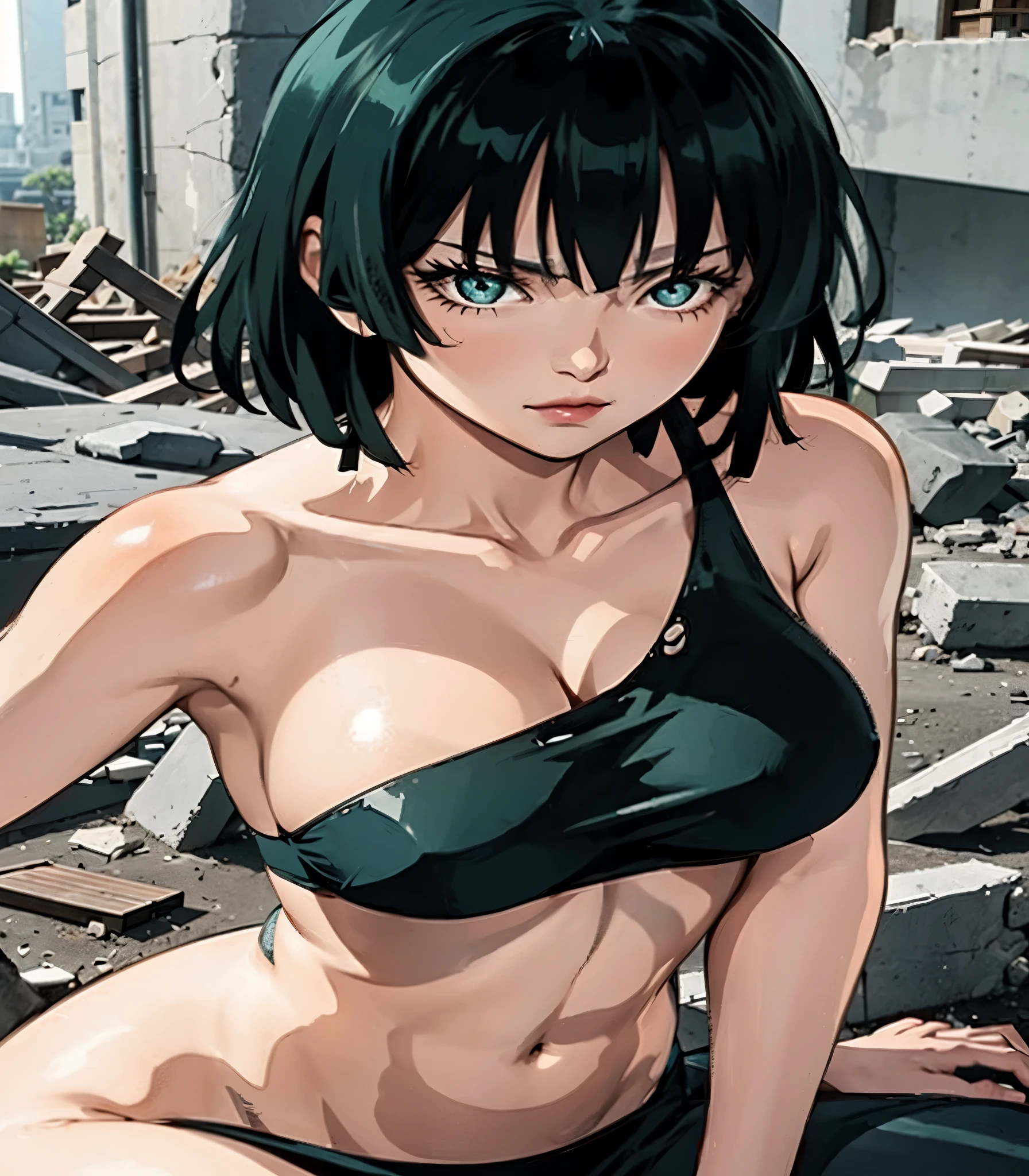 girl in a black bikini sitting on a pile of rubble, fubuki from one punch man, realistic