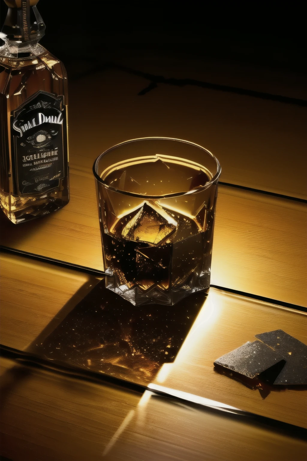 ((Explosive moment, High definition, 4k resolution, Realistic scene, Detailed glass shards:1.2)), Jack Daniel's bottle, Shattered pieces, Tabletop, Glass next to it, ((Splintered edges :1.2)), ((Golden liquid spills :1.3)), ((Ripple effect :1.2)), ((Reflections on the table :1.1)), ((Detailed textures of the glass and shards :1.2)), ((Jack Daniel's label with high contrast and clarity :1.1)), ((Realistic representation of the liquid and bubbles :1.2)), ((Dynamic lighting with shadows :1.3)), ((Detailed