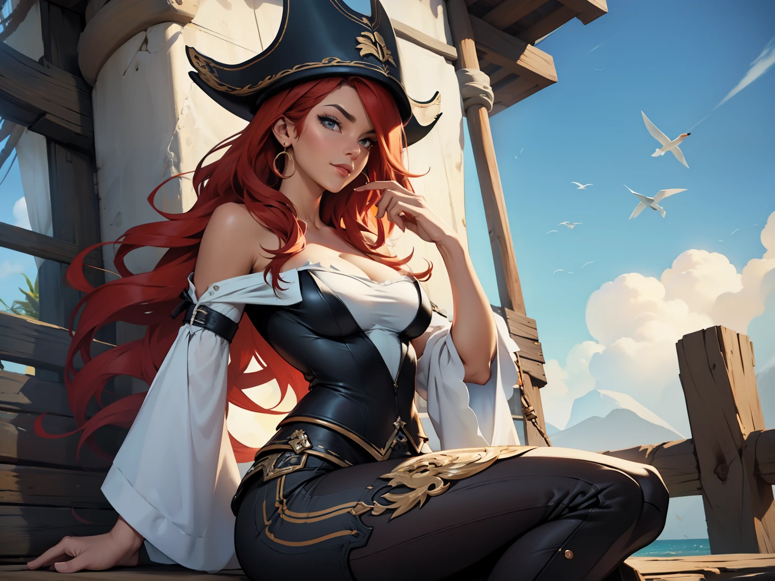 (obra de arte, maximum quality, melhor qualidade, arte oficial, beautiful and aesthetic:1.2), (1 garota:1.4), extremamente detalhado, miss fortune, sexy, corpo todo, pose sexy, quase nu, with pirate hat, navio pirata