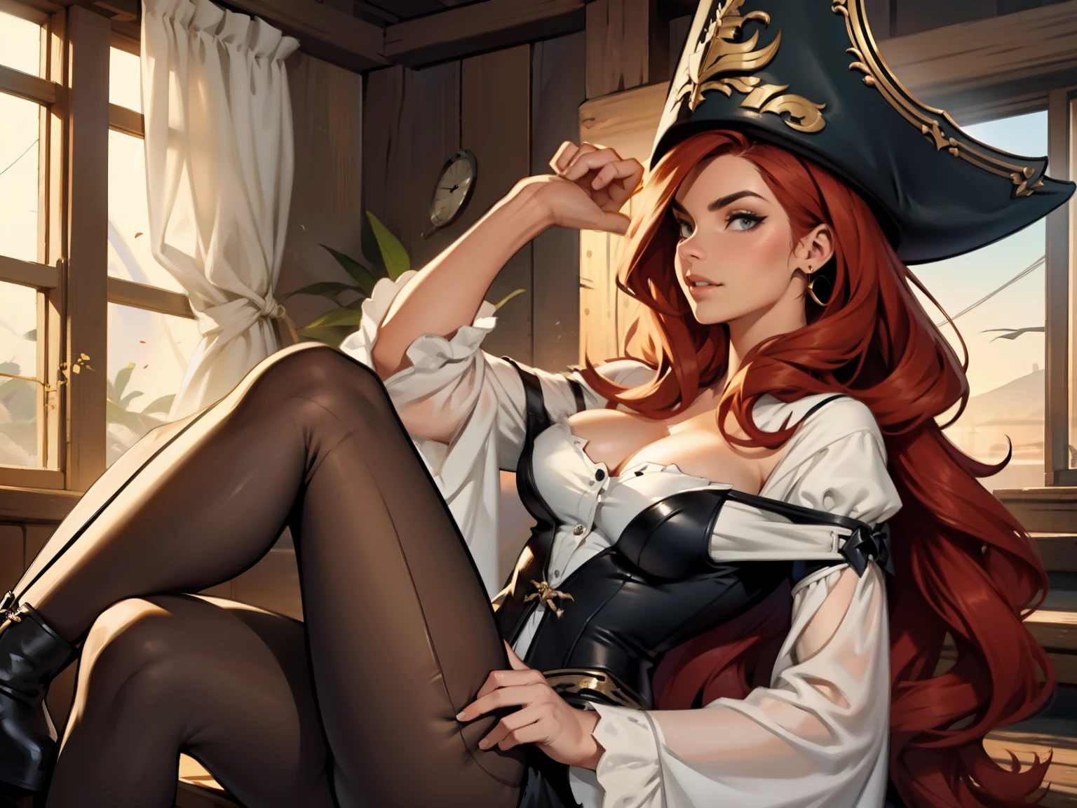 (obra de arte, maximum quality, melhor qualidade, arte oficial, beautiful and aesthetic:1.2), (1 garota:1.4), extremamente detalhado, miss fortune, sexy, corpo todo, pose sexy, quase nu, with pirate hat, navio pirata