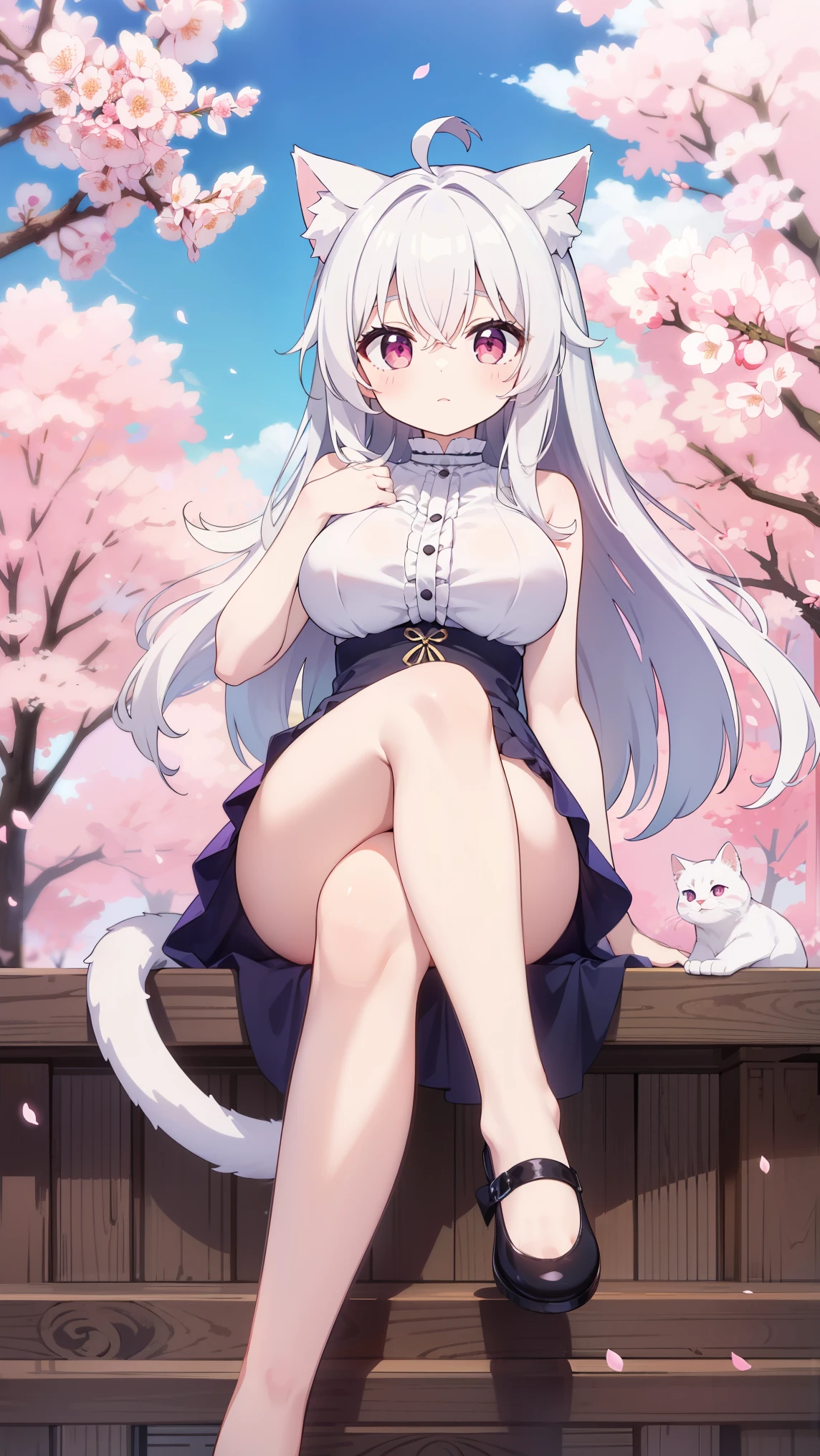 masterpiece, best quality, alone，white hair，straight hair，long hair，Pale pink eyes，cat girl，Big breasts，White cat ears，Cherry blossoms，blue sky，looking into camera，Show long legs