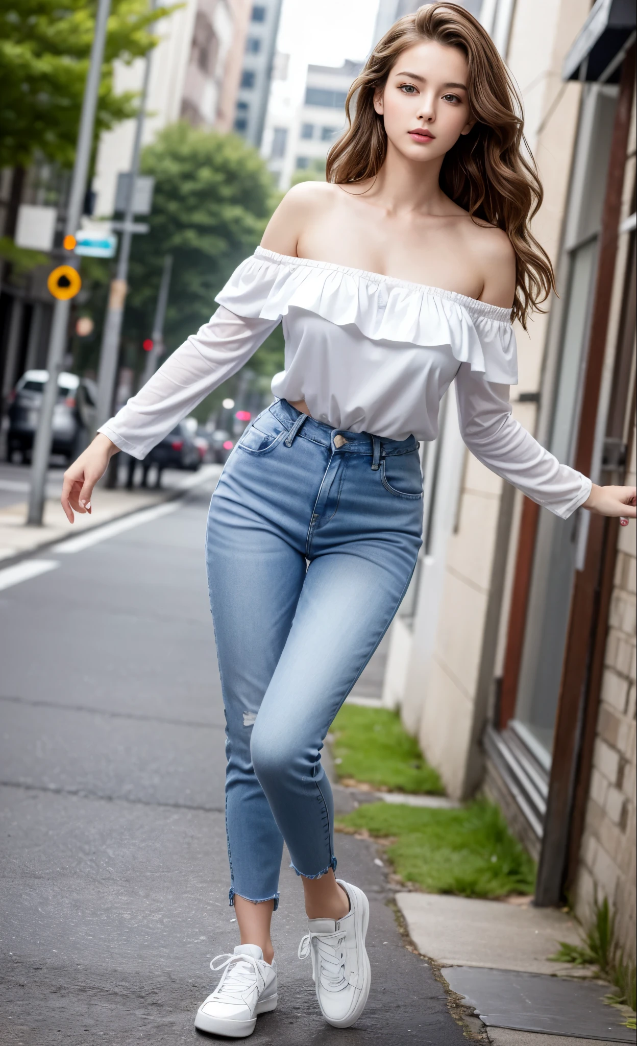 RAW photo, photo realistic:1.2, ultra high resolution, highly detailed face, highly detailed eyes, perfect anatomy, super detailed skin, not safe for work, UHD, 
(dynamic angle, casual pose:1.2), outdoors, downtown, (leg focus, full body:1.3), (beautiful face, beautiful eyes, beautiful legs), 
1girl, 20 year old, European woman, brown hair, wavy hair, long brown hair, forehead, blue eyes, large breast, hard nipples, (white blouse, bare shoulder), skinny, wide hips, thin waist, (skinny blue jeans), (white sneakers)
