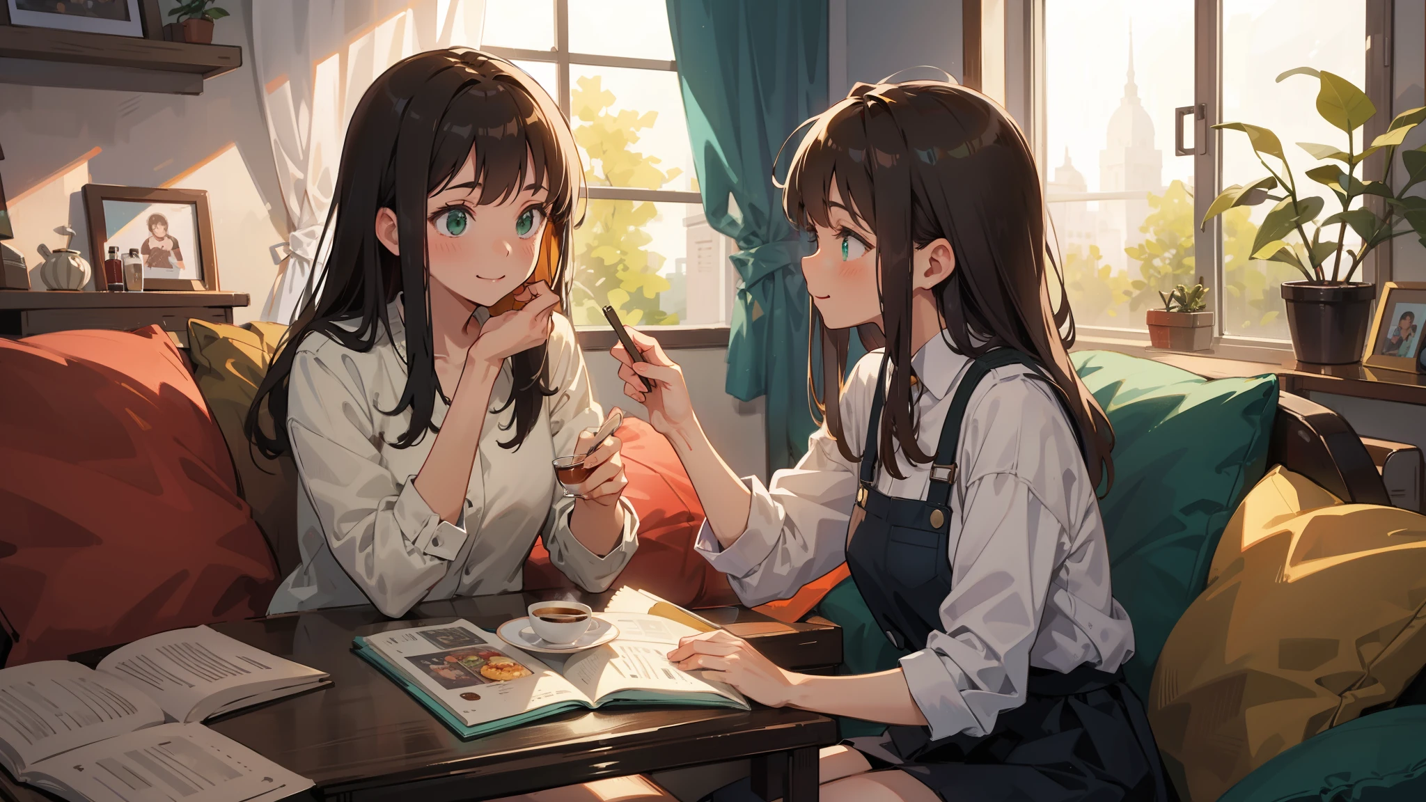 (masterpiece), (highest quality), ultra high resolution, Ghibli style, girl alone in the room，The time is evening，A room exposed to the afternoon sun, The whole photo has a warm atmosphere.，sitting on the sofa and reading， beautiful fine hair, Brown brunette hair, long hair, beautiful detailed face, perfect beautiful face,Coffee cup on the side chair， smile, comfortable face, (perfect beautiful eyes, green eyes), Rough home-style clothes, Variations of food on the table