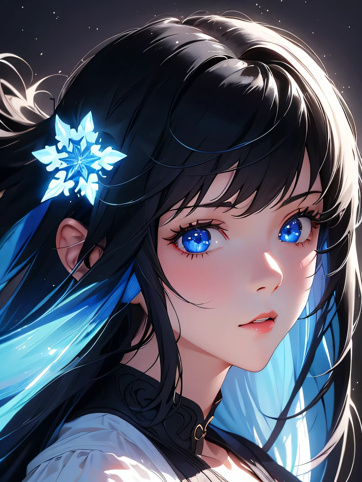 1girl, bright light, high saturation, black long hair:1.3, blue eyes:1.3, white shirt, face close up,