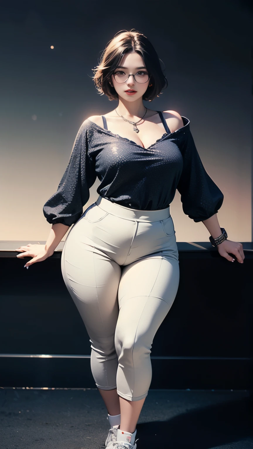 ((best quality)), ((masterpiece)), (detailed), perfect face, chubby woman, chubby face , chubby girl , widest hips , fat belly , thick neck ,, thicc , thick body , thick thighs , thick arm, small breasts but her body is a chubby, full body view, dark-black room, black bokeh background, thight dress, wearing sneakers, short hairstyle, diamond necklace, wearing a watch, tall woman, restore face, white skin , longest thight pants , glasses , cold vibes, , 4k resolution, japanese goddess,voluptuous 