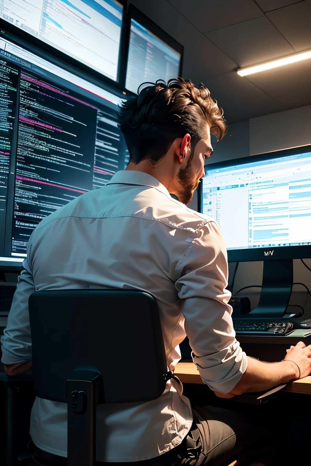 a large background picture with 2 screens and code on screens and a man seen from behind coding