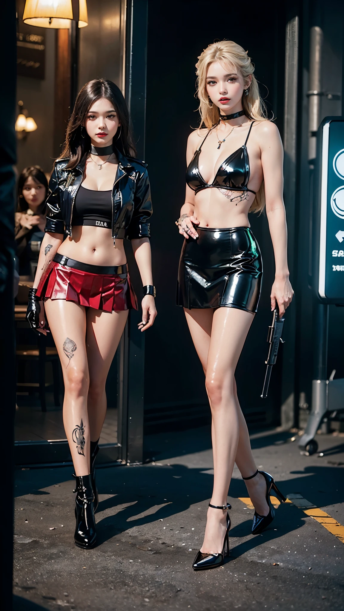 ((masterpiece:1.4)、(highest quality:1.4)、(realistic:1.7))、master piece:1.4、(Finest rendering:1.4)、(Female SWAT member of the 73rd Division of the Space Federation:1.4)、Super beautiful捜査官、(Written by Luis Royo:1.4)、(hold a gun:1.2)、Body Fit Sexy Uniform、(Luxurious shiny latex:1.4)、(Navy blue sleeveless uniform jacket)、(Underwear White Sexy Super Ultra Bikini)、(luxury red latex:1.4)、(Red pleated mini skirt:1.4)、22 years old、(cute tattoo:1.4)、(wearing white gloves)、cute girl、Super beautiful、sharp focus、portrait photography:1.4、8k、realistic photo images:1.4、(perfect female body:1.4)、perfect proportions、(full body photography:1.4)、beautiful face、Fearless look、beautiful eyes、narrow waist、(Beautiful girl with long legs and good style:1.4)、beautiful feet、(long hair:1.2)、beautiful breasts、big breasts:1.2、sexy butt、(Standing facing the front:1.4)、Raw photo、red lips、red high heels:1.4、choker:1.4、necklace:1.4、earrings:1.4、1 screen display、Beautiful night view of Cyberpunk City:1.2