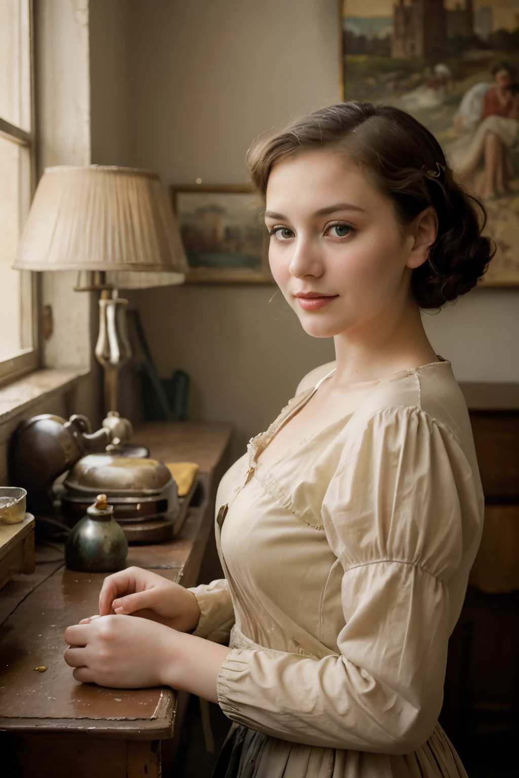 (detailed artwork, oil painting:1.1),vintage feelings,retro atmosphere,beautifully aged textures,sepia tones,wistful memories,old-fashioned charm,sentimental moments,romanticized past,memories of bygone eras,nostalgic imagery,nostalgic aesthetics,soft, dreamy lighting,innocence of the past,ethereal beauty,vintage fashion styles,antique props and furniture,nostalgic sceneries,gentle breezes and warm sunlight,happy moments frozen in time,timeless nostalgia,romantic landscapes and cityscapes,vignettes of the past,whispering echoes from yesteryears