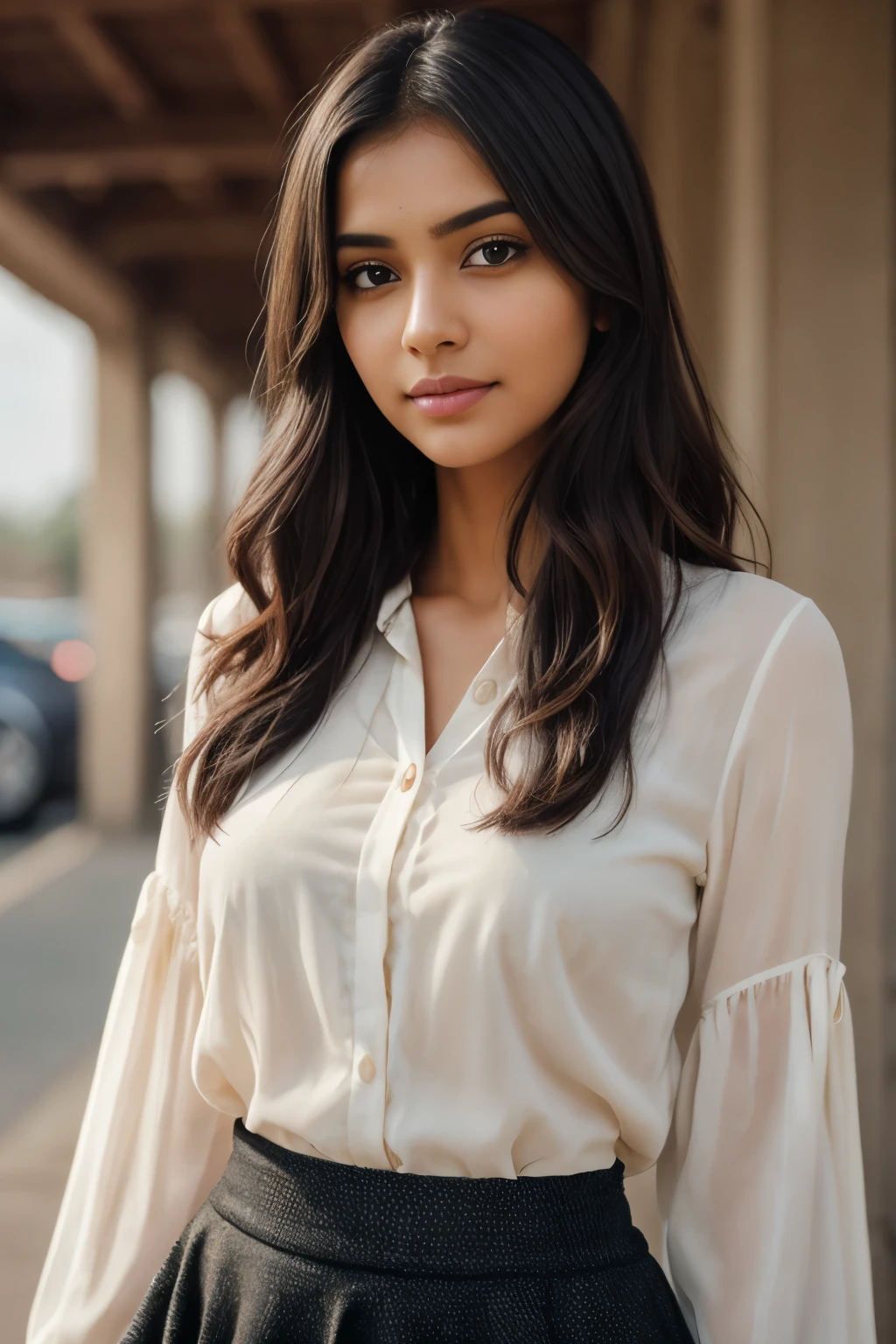 Beautiful ,23 years young cute Indian girl healthy, confidential looking,8k,realistic, raw photo,dark brown hair,fair skin, indian,long hair,clear facial features,, very detailed, 23years old, innocent face, natural wavy hair, high resolution, masterpiece, best quality, intricate details, highly detailed, sharp focus, detailed skin, realistic skin texture, texture, detailed eyes, professional, 4k, charming smile, shot on Canon, 85mm, shallow depth of field, kodak vision color, perfect fit body, extremely detailed, foto_\(ultra\), photorealistic, realistic, post-processing, maximum detail, roughness, real life, ultra realistic, photorealism, photography, 8k uhd, photography wearing Ivory crochet blouse & midi skirt, hair woven with ribbons