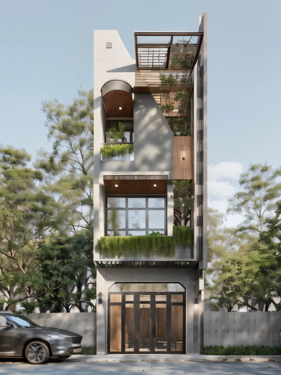 Townhouse in city, (sharp focus) front view of townhouse in style of modern, Vietnamese architecture, east asian architecture, town, blue sky, daylight, warm light, warm atmosphere, high Resolution, 8k, hdr, vray render, hyper realistic, ultra detail, hyper detailed, exterior design  professional photography, exterior photography, wide-angle shot, real world location, road sign, cityscape, pavement, (brown wooden ceilings, ceiling light, glass bancony, the front wall of the ground floor is made by black granite), (bancony have many trees, plans, ivy, palm)