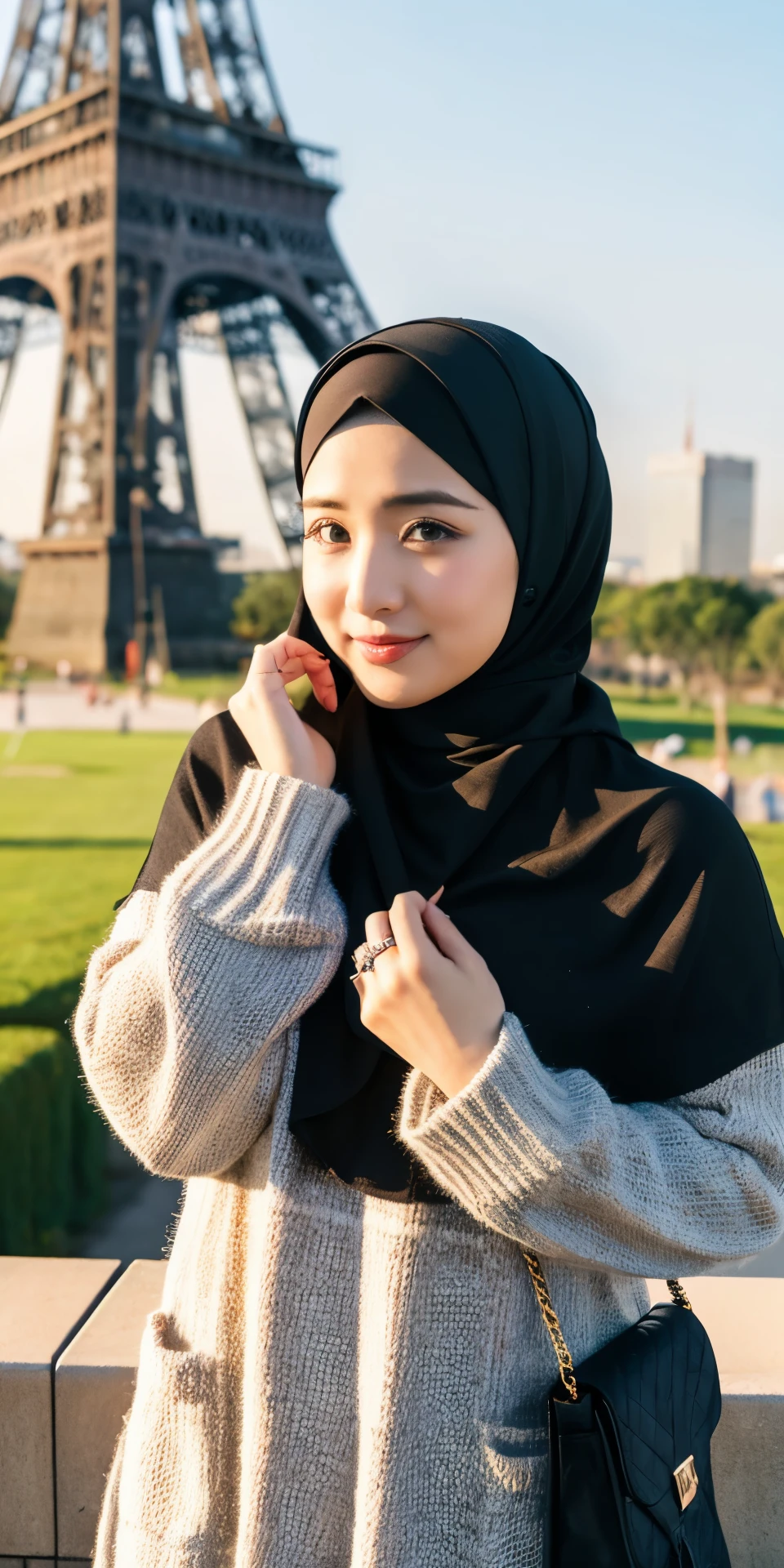 A very beautifull woman,cute face,gamis tren dress,full shoot,hijab,eifell tower background