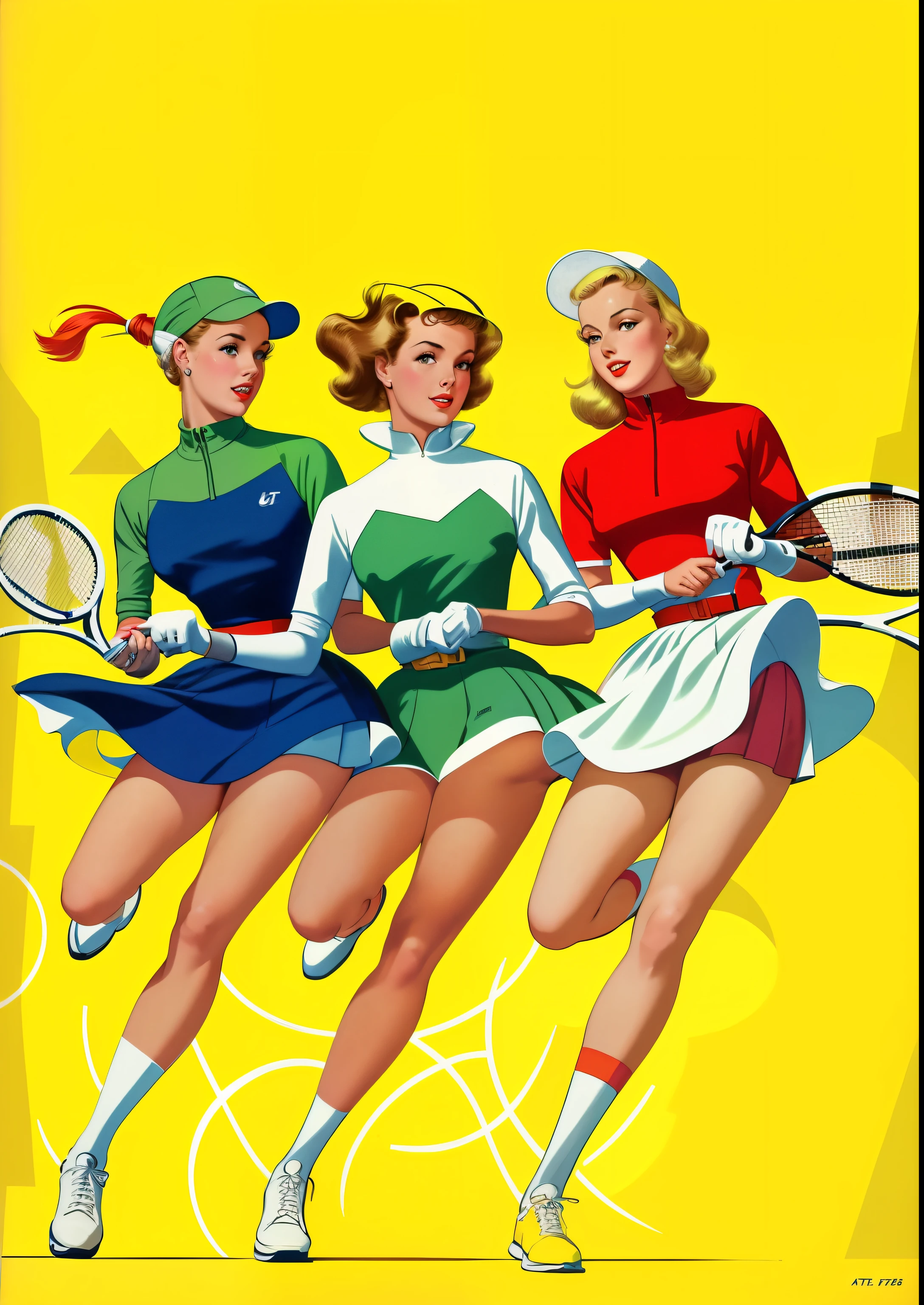 three women in tennis uniforms are playing tennis on a yellow background, ( Arte Fitzpatrick ), illustration!, 1950s illustration style, vintage magazine illustration, retro illustration, vintage illustration, por Art Fitzpatrick, Direction: Maurice Braun, 1 9 5 0 s arte conceitual ) ) ), 1960s illustration, 1 9 5 0 s arte conceitual, Gill Elvgren
