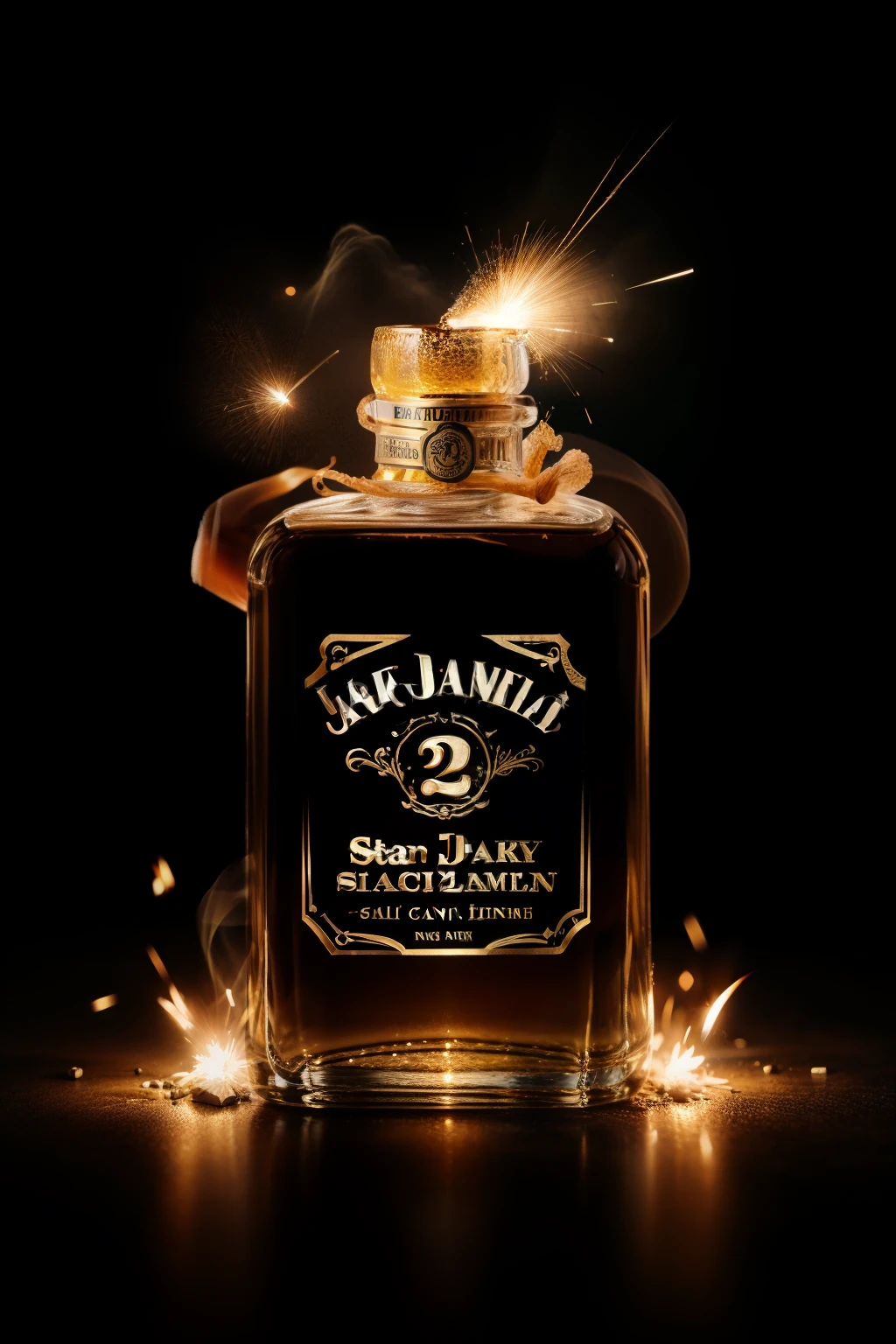 An explosive bottle of Jack Daniels, shattering into pieces at the seams, high-resolution, masterpiece, best quality, intricate details, highly detailed, sharp focus, textured glass fragments, realistically rendered sparks flying, detailed smoke trails, professionally captured, 4k, dramatic depth of field, Kodak Vision color palette, ultra-realistic, photorealistic, photography, 8k UHD.