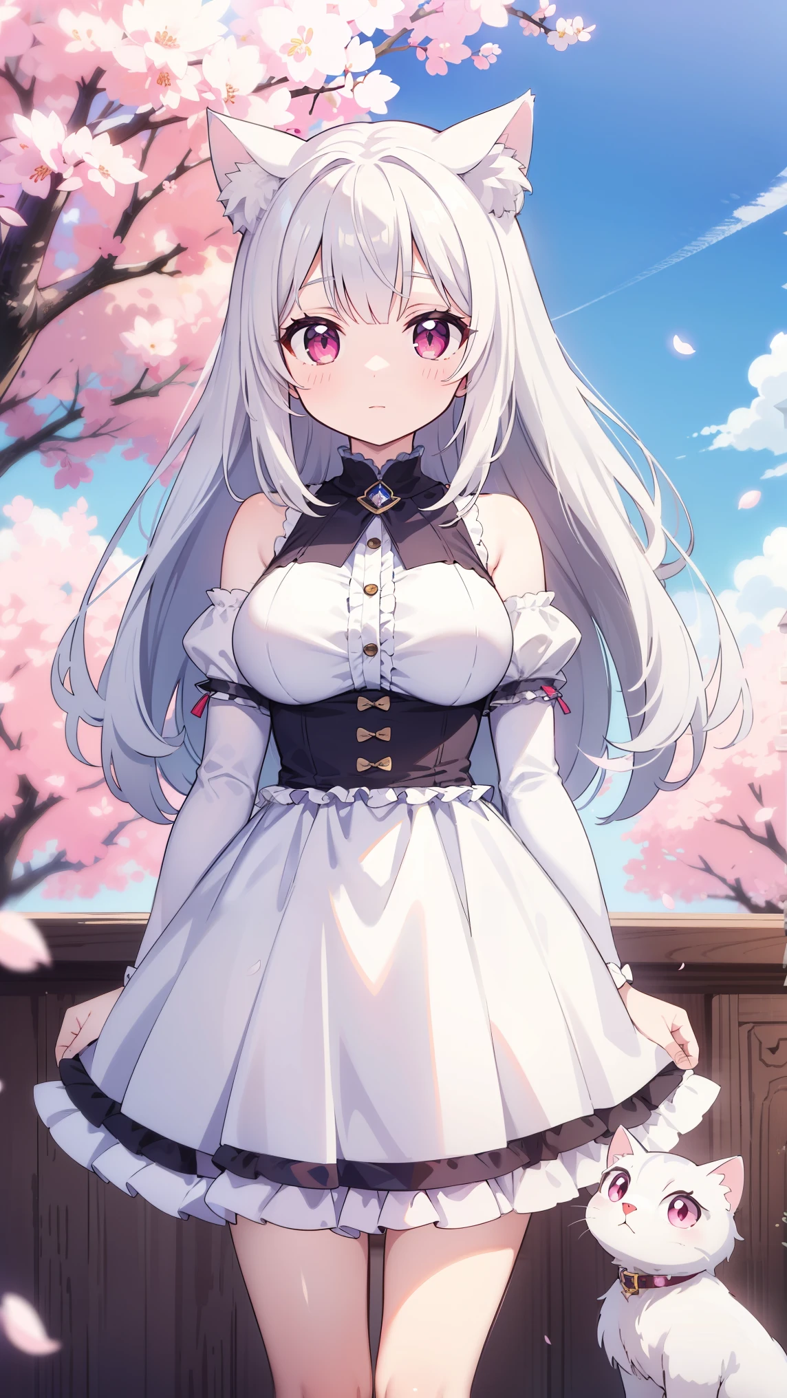 masterpiece, best quality, alone，white hair，straight hair，long hair，Pale pink eyes，cat girl，Big breasts，White cat ears，Cherry blossoms，blue sky，looking into camera，Show long legs