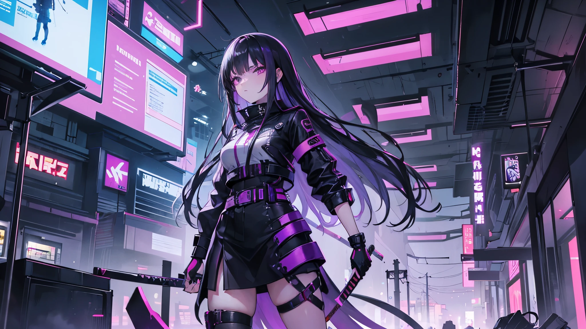 girl with katana, purple eyes, long black hair, , hime cut, abandoned city, neon broken lights, fog, apocalypse, grunge battle outfit, cyberpunk