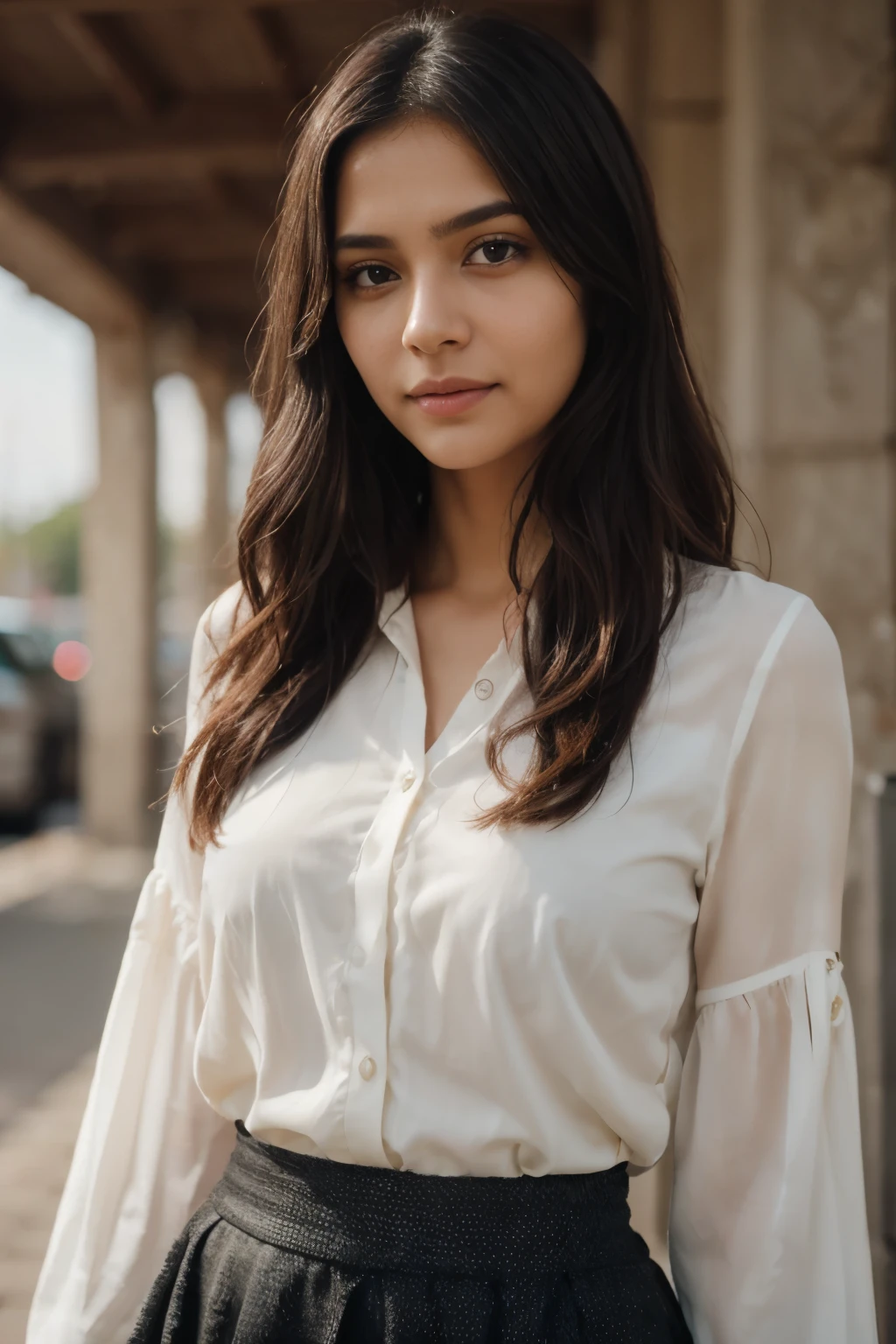 Beautiful ,23 years young cute Indian girl healthy, confidential looking,8k,realistic, raw photo,dark brown hair,fair skin, indian,long hair,clear facial features,, very detailed, 23years old, innocent face, natural wavy hair, high resolution, masterpiece, best quality, intricate details, highly detailed, sharp focus, detailed skin, realistic skin texture, texture, detailed eyes, professional, 4k, charming smile, shot on Canon, 85mm, shallow depth of field, kodak vision color, perfect fit body, extremely detailed, foto_\(ultra\), photorealistic, realistic, post-processing, maximum detail, roughness, real life, ultra realistic, photorealism, photography, 8k uhd, photography wearing Ivory crochet blouse & midi skirt, hair woven with ribbons