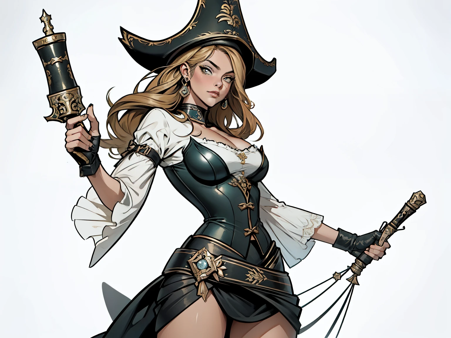 (obra de arte, maximum quality, melhor qualidade, arte oficial, beautiful and aesthetic:1.2), (1 garota:1.4), extremamente detalhado, miss fortune, sexy, corpo todo, pose sexy, quase nu, with pirate hat, pistols in the hands