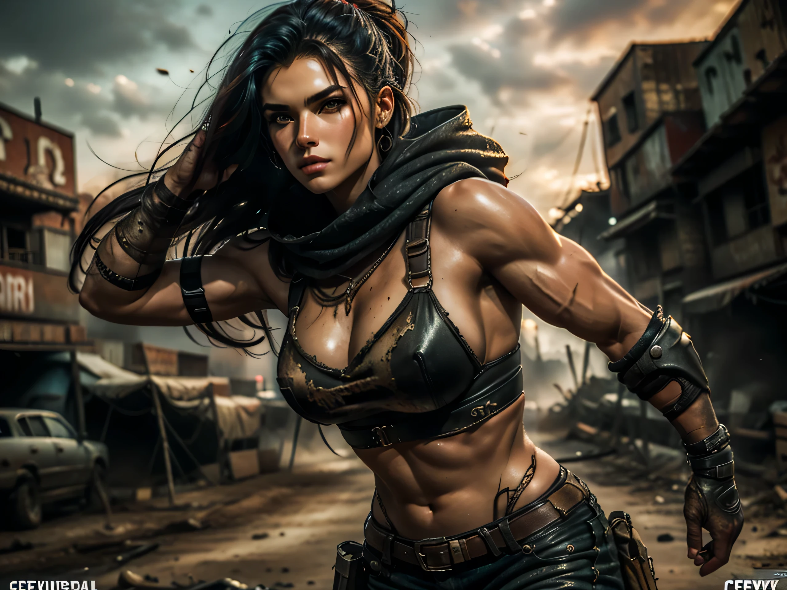Realista:1.3,( fotorrealista, 8k, Fotos CRUDAS, Calidad premium, obra maestra, epic lighting. de cerca, Imagen centrada), (primer plano),((1 hombre guapo y musculoso, post apocalyptic, guerrero, Rostro y cuerpo perfectamente detallados, (primer plano), para la portada de la revista Heavy Metal, dynamic pose, cabello hermoso y detallado, ropa de cuero))