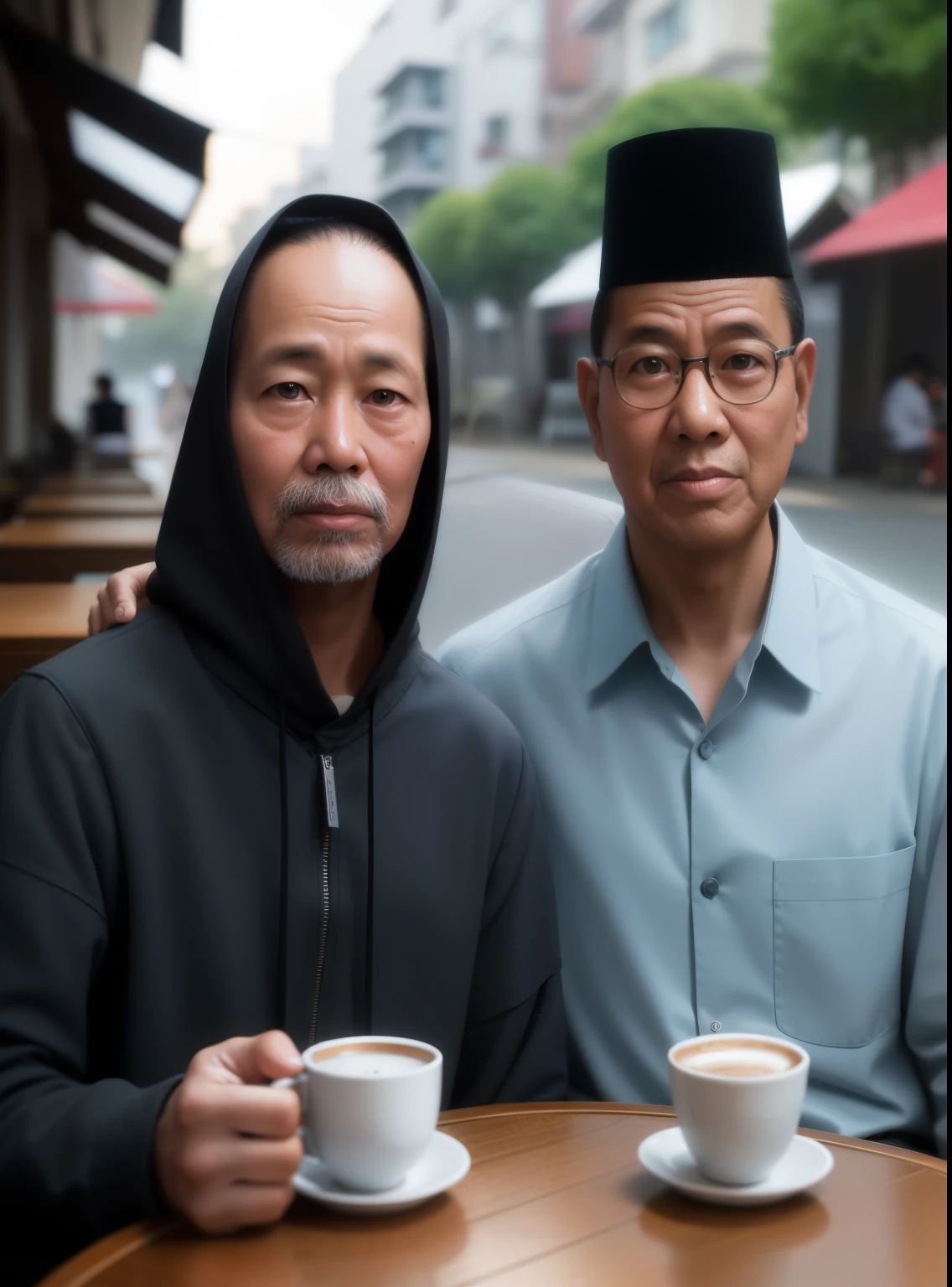 they are sitting at a table with a cup of coffee, realism art, an indonesian family portrait, portrait shot, inspired by Rudy Siswanto, semi realism, in a style of hyperrealism, potrait, realistic portrait photo, inspired by Basuki Abdullah, hyperrealism, portrait of morning coffee, hyperrealism photo, photography hyperrealism, digital artist