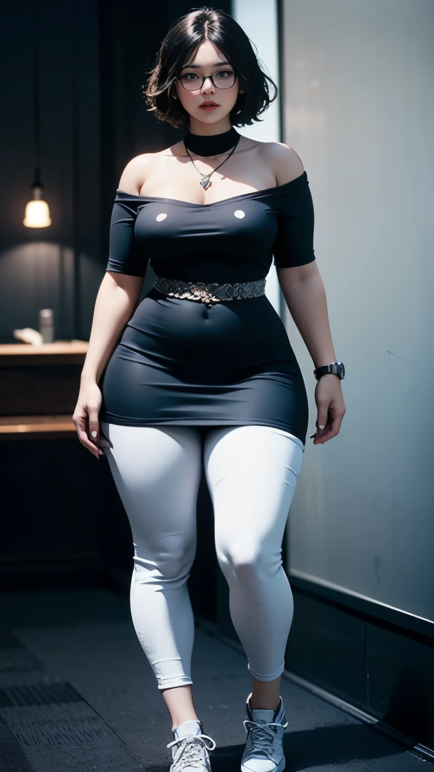 ((best quality)), ((masterpiece)), (detailed), perfect face, chubby woman, chubby face , chubby girl , widest hips , fat belly , thick neck ,, thicc , thick body , thick thighs , thick arm, small breasts but her body is a chubby, full body view, dark-black room, black bokeh background, thight dress, wearing sneakers, short hairstyle, diamond necklace, wearing a watch, tall woman, restore face, white skin , longest thight pants , glasses , cold vibes, , 4k resolution, japanese goddess,voluptuous