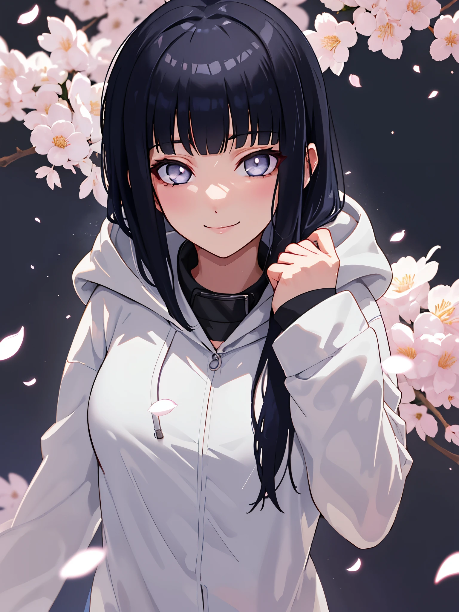 beautiful, masterpiece, best quality, extremely detailed face, perfect lighting, 1girl, hinata, hyuuga hinata, bangs, empty_eyes, black_hair, blunt_bangs, grey eyes, grey sleeves, headband_around_neck, highres, hime cut, hooded_cardigan, long sleeves, looking_at_viewer, petals, smile, solo, straight hair, upper body, hooded jacket, perfect body