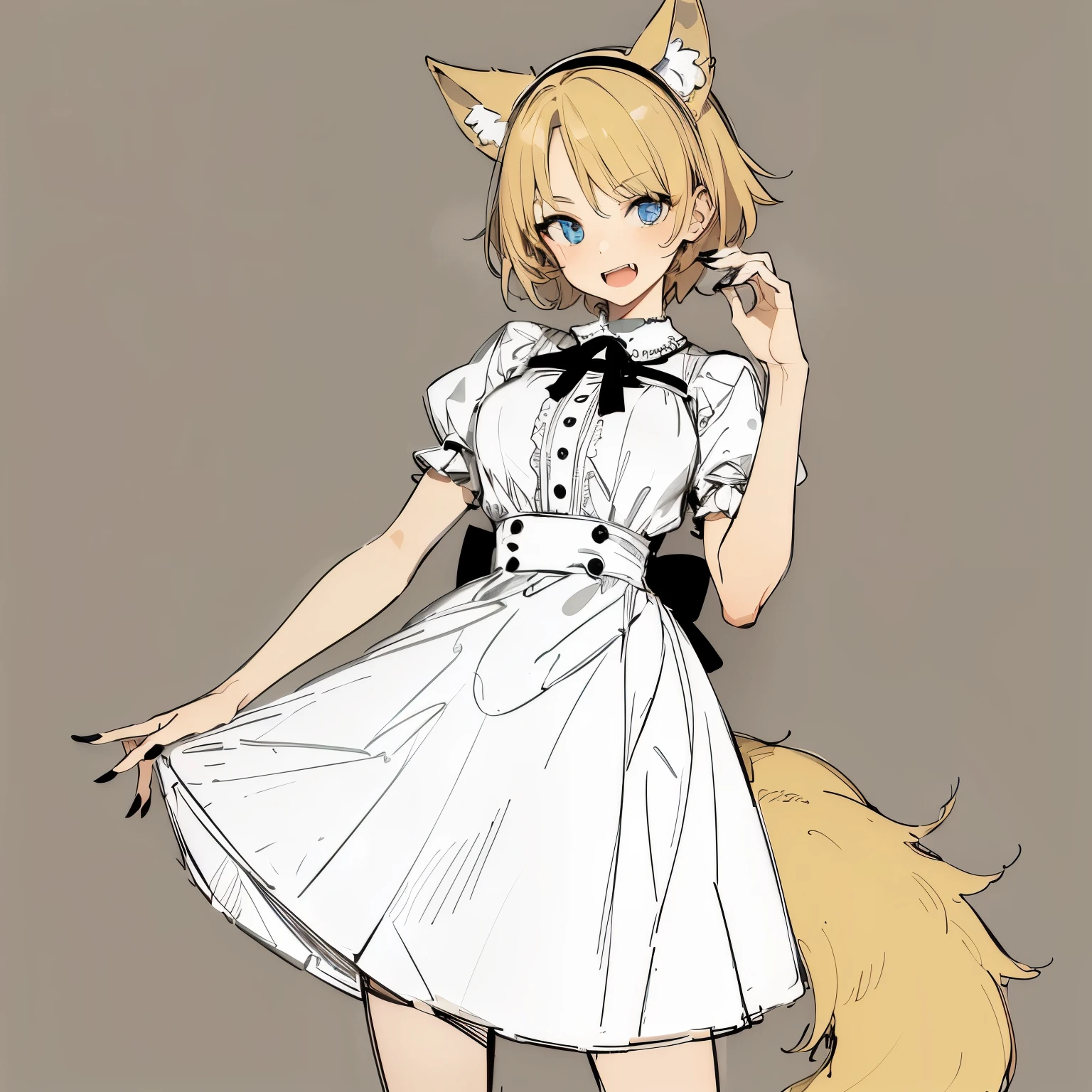 masterpiece, best quality, ultra-detailed, beautiful, 1girl, solo, wolf girl, wolf ears, wolf tail, blonde hair, short hair, fangs, blue eyes, vintage dress, sharp fingernails, black nails, standing, shoot from front, simple background, looking at viewer, (moe artstyle:1.2), (scribble lineart1.2), (messy lineart:1.2), (sketch:1.3),