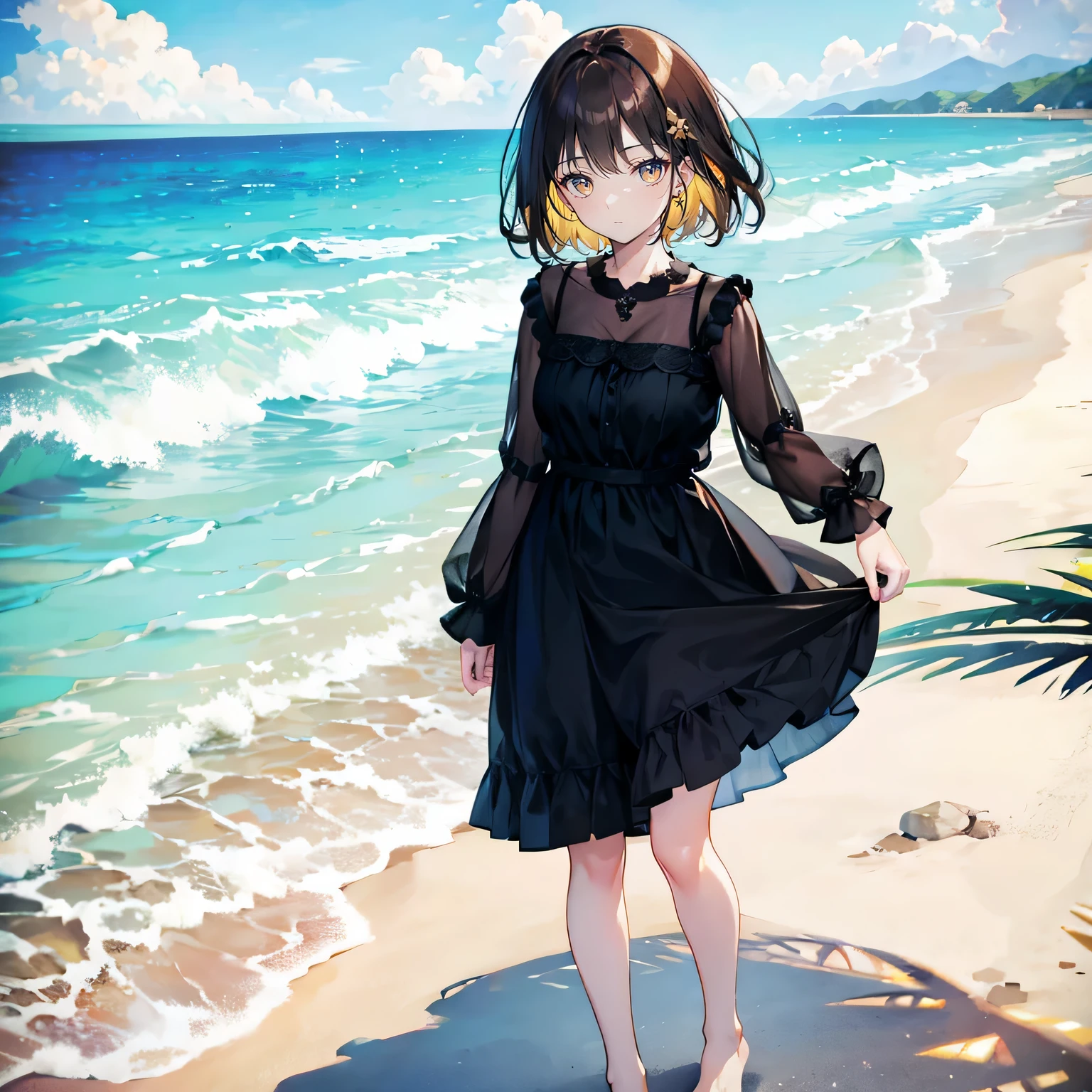 brown hair，Short hair details，Bangs，yellow eyes，charming， girl，black skirt，No shoes on my feet，standing at the beach，Happy and happy expression