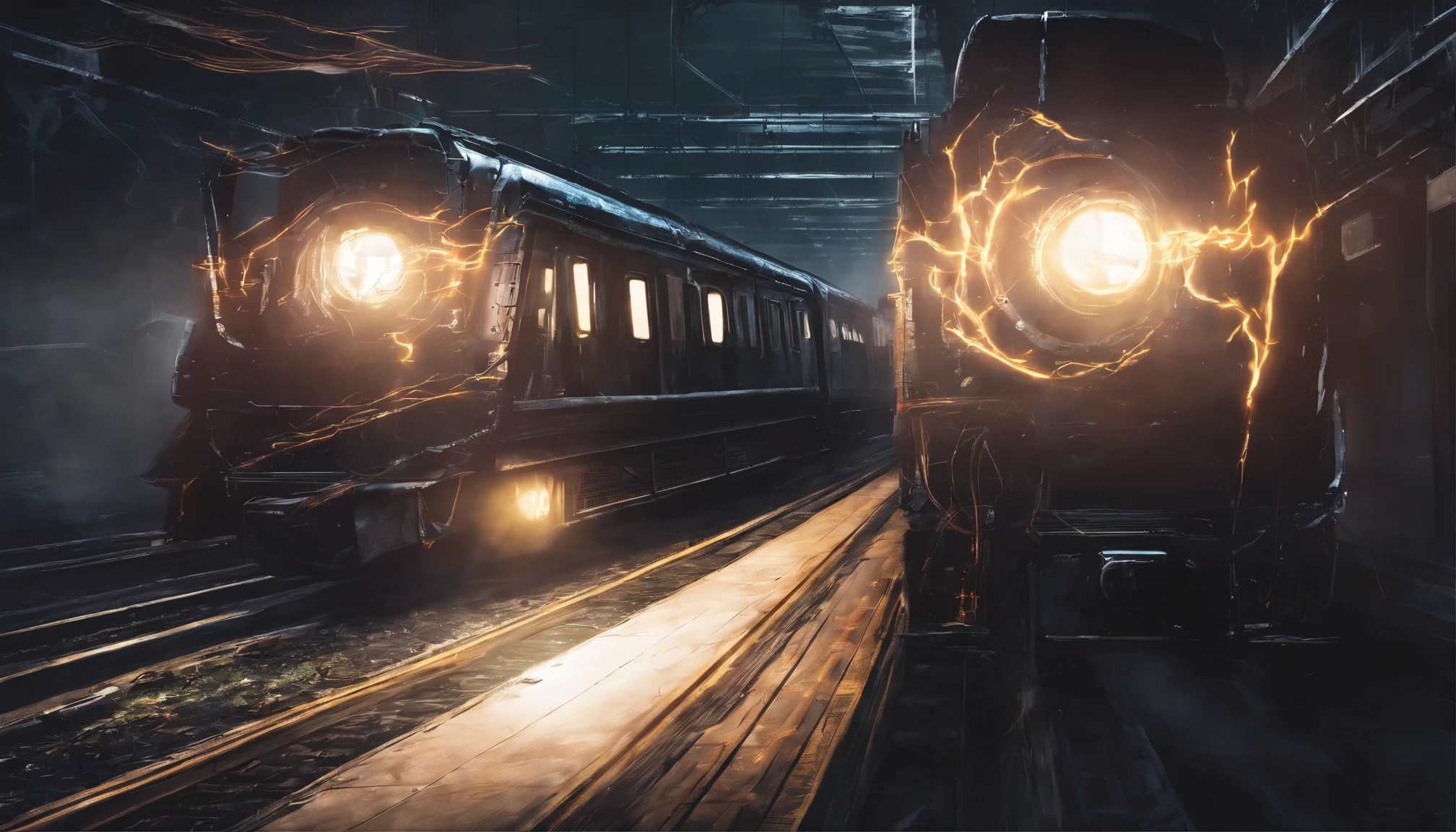 Close-up on the train's sinister headlights cutting through the darkness. Imagem realista, high resolution, 8k, obra-prima