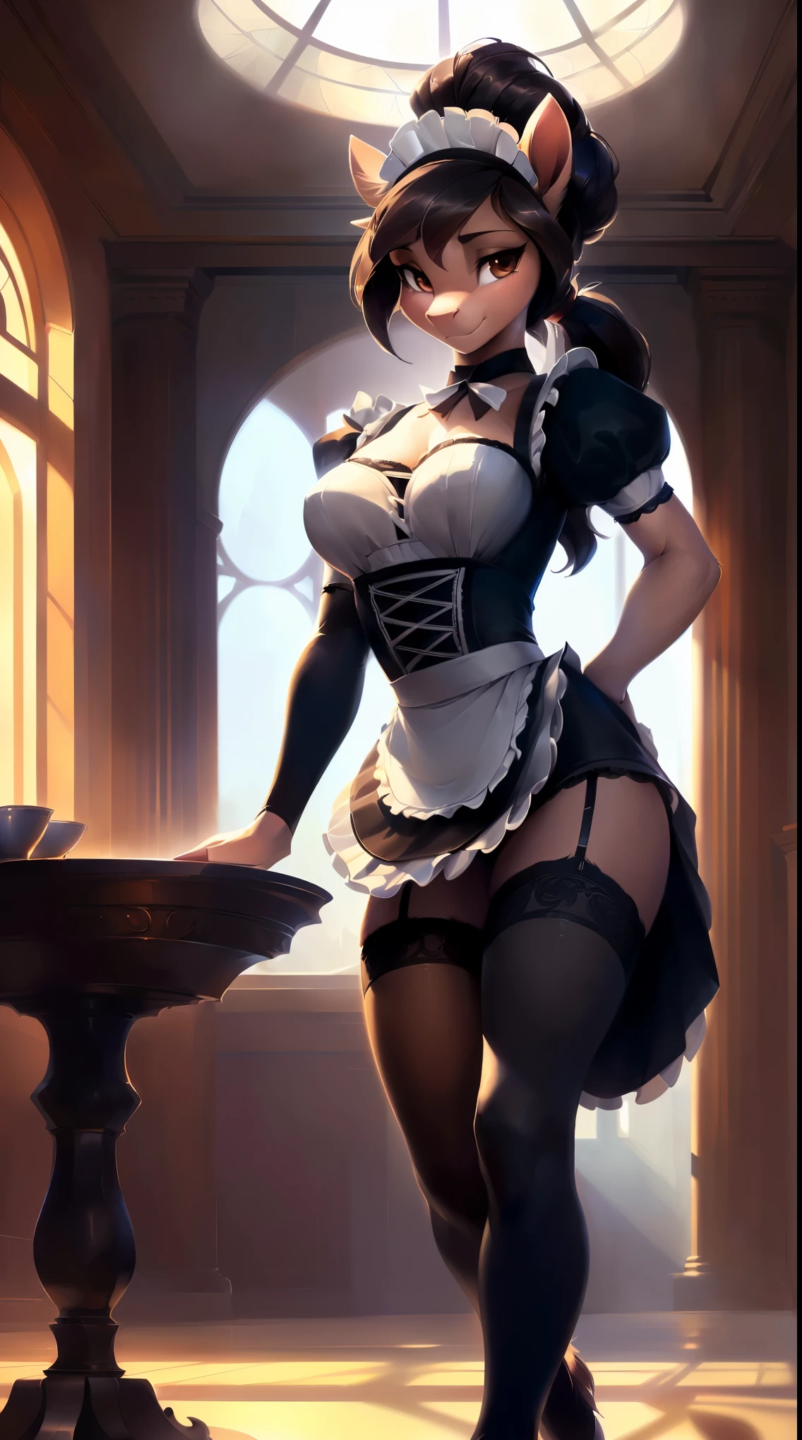 uploaded on e621, by Bayard Wu, by Thomas Benjamin Kennington, by Einshelm, solo anthro, ((Portrait)), ((Wear a maid uniform)), maid, maid uniform, frenchmaid, french, (White and black Underwear), (lacy stockings, adult pantyhose), (detailed Bonifasko lighting), (Detailed fur), (detailed skin), (Cinematic lighting), ((Detailed background, vip hotel hall, modern style)), (half body shadow), [ambient light on the belly], [explict content], [sharp-focus], (shaded), ((Masterpiece), brown eyes, (long hair, hairbun), (dark hair), Average Breasts, pectoral muscles, Fluffy pony, MLP, My Little Pony, grey skin, (fluffy fur), fluffy tights, fluffy chest, furry fantasy art, anthro art, commission for high res, Furry art, pov furry art, Sakimichan is beautiful, Masterpiece, Best Quality, Detailed image, Dark colors, Detailed Face, perfect  lighting, Perfect shadows, Perfect eyes, focus on girl, gorgeous body, Hourglass body, feet focus (hooves in tights), Fluffy, fluffy girl, Body fur, pony muzzle, Playful look, half closed eyes, 1girl, full body, Detailed fur, Balanced coloring, ((Long mane, pony tail)), Furry, anthro, (attractive body), looking at viewer, seductive gaze, seductive posing, perfect legs, (offering service)