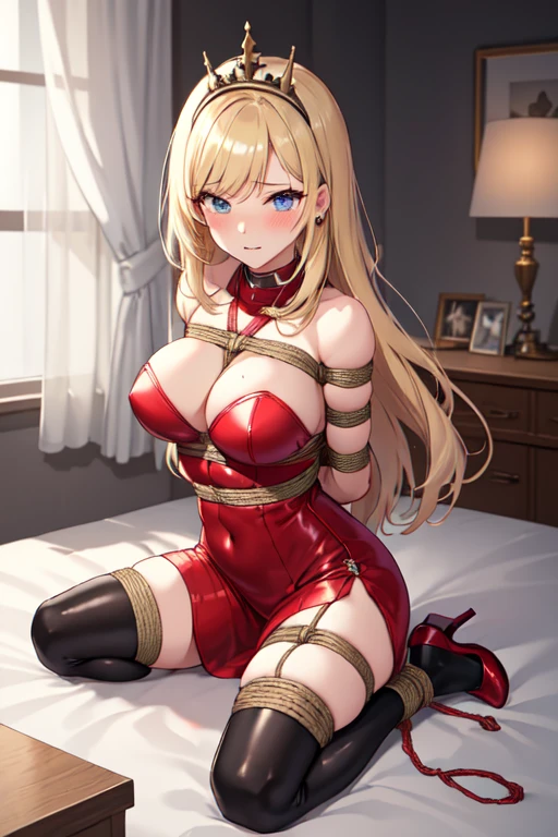 Shiny blond hair, loose hair, very long hair, sophisticated haircut, thin and oval face, very sexy and sophisticated transparent red dress, sexy blue latex suit, sexy black latex catsuit, thighhigh stockings, embarrassed, submissive, nervous smile, cute and blushing 18 years old anime girl, look away because she is embarrassed and blushes, bright blue eyes, detailed face, detailed members, detailed arms, detailed hands, ((((sparkling diamond jewelry)))), tiara, ((makeup)), high heels, puffy sleeves, long gloves, long eyelashes, ((((shiny red transparent dress)))), Girl lying, tied by ropes, shackled, can no longer move, tied tightly, very hard tied up with lots of ropes, hampered by so many ropes that she can no longer move, bound hands and feet, ropes tie his whole body, tied extremely tightly and forcefully to her bed by a lot of ropes, its limbs are strongly tied together by ropes, his torso is tied up with thick cords, her chest is so tied up with ropes that it sticks out, her legs are tied tightly with thick ropes, his hands are tied behind his back with ropes, she can no longer move her feet, her hands which are tied by thick ropes, she desperately tries to free herself, likes to be tied tight with big ropes, likes to be immobilized by big ropes, lying down, his hands and feet are strongly tied to the railing of his bed, his legs are pressed together and tied with ropes, its limbs are held vigorously by imposing ropes, her hands are tied securely behind her back by ropes, her chest is compressed by strong ropes, she is pressed against her bed and restrained by large ropes (shibari, arms behind the back:1.4), (hands on the back), (masterpiece, best quality) 1.5, 1girl, solo, (sexy, beautiful woman, perfect face, perfect eyes, perfect hands), samus aran, black leather dress, kneeling, (shibari, arms behind the back:1.4), (hands on the back), Spread the legs, s&#39;lie in bed by big ropes