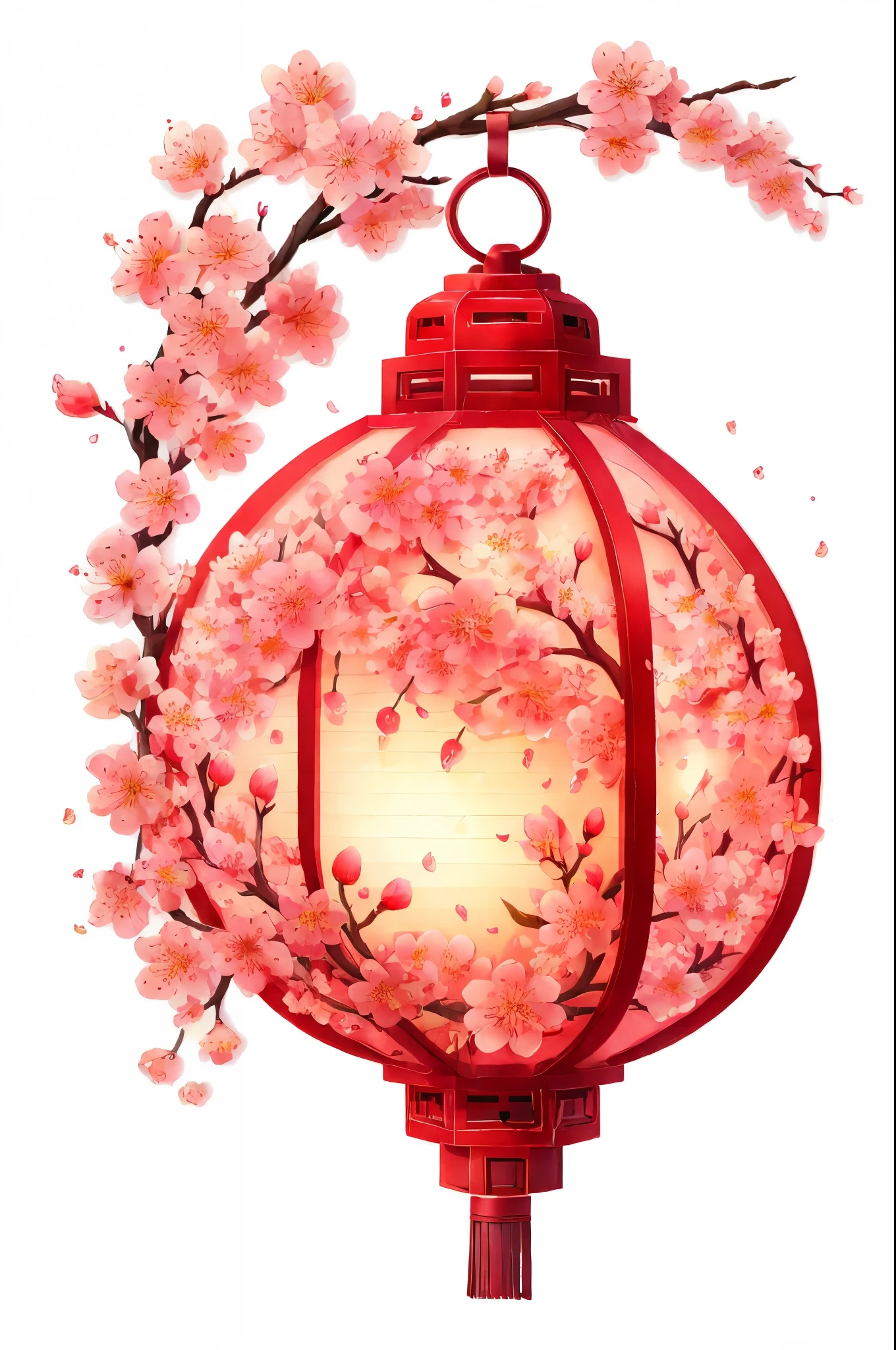 lantern,bare tree,branch,cherry blossoms,daisy,egasumi,floral background,floral print,flower,flower \(symbol\),hanami,lily \(flower\),mount fuji,no humans,petals,pink flower,plum blossoms,snowflake background,snowflakes,spring \(season\),tree,vase,white flower