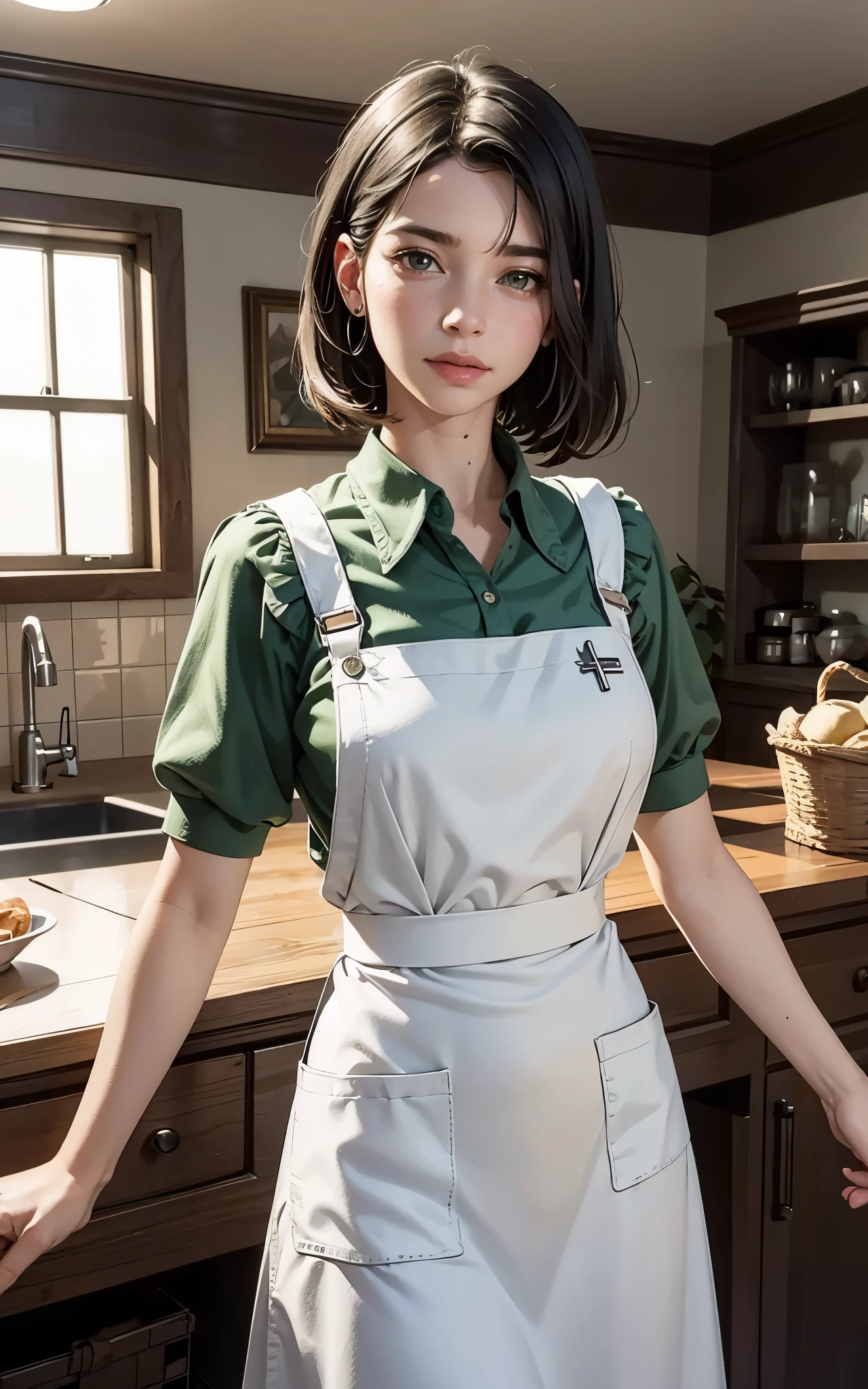 (Dua Lipa:Evangeline Lilly) waitress, ((white apron)), ((green shirt)), 1920 style, masterpiece, Lovecraft atmosphere, (pendant of a key), hyperdetailed, ((rule of thirds))
