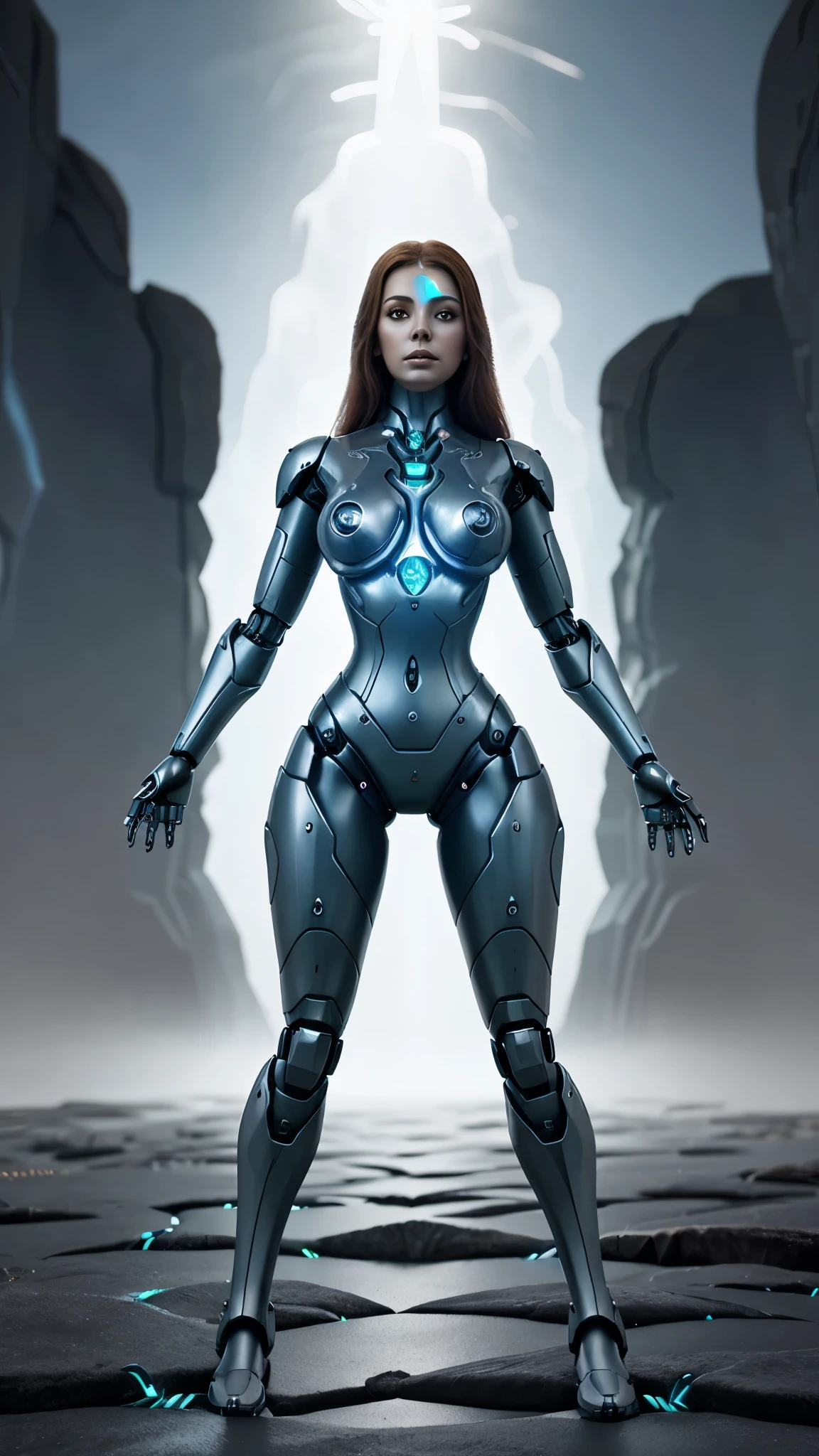 studio photo, beautiful robotic metal woman standing alone, strange fantasy image, odd glowing rocks, beautiful, detailed, long flowing hair, medium breasts, great skin texture