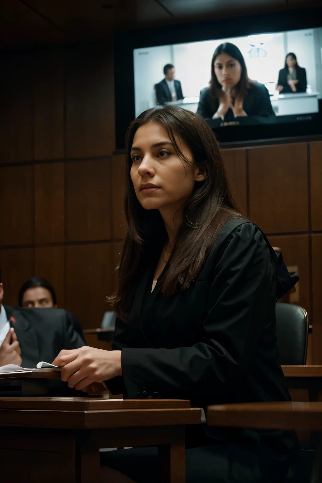 Imagine a courtroom scene where a jury sits attentively, their faces reflecting a mix of curiosity and solemnity. In the center of the room stands a lawyer, poised and confident, pointing emphatically to an X-ray displayed on a large screen. The X-ray reveals crucial evidence, its intricate details illuminated by the soft glow of the courtroom lights. The lawyer's gesture conveys conviction and determination as they present their case to the jury, urging them to consider the evidence before rendering their verdict. The atmosphere is tense yet focused, with every eye in the room fixed on the compelling image that holds the key to justice.