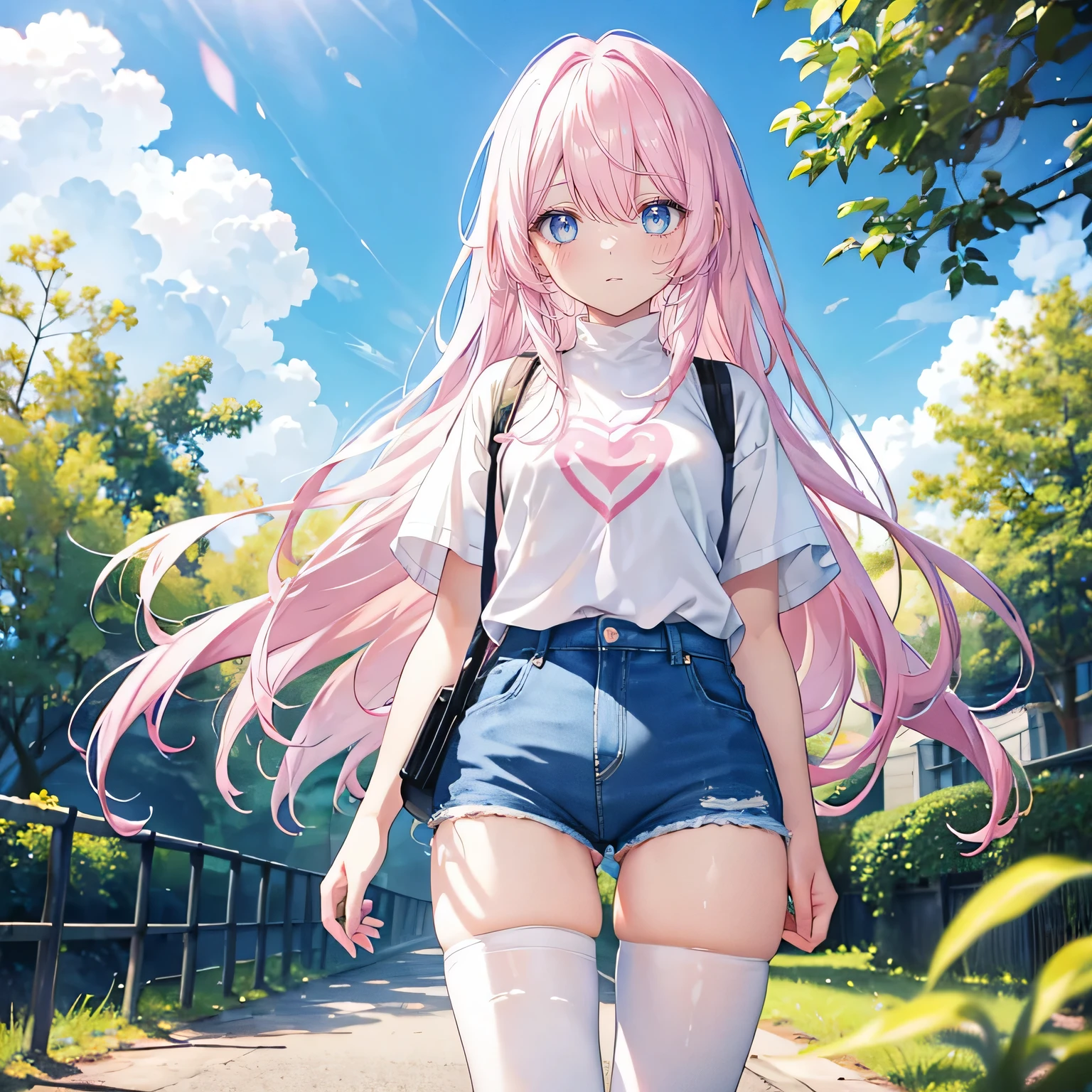 pink hair，long white hair，Qi bangs，Qi bangs，sky blue eyes，charming，age girl，White short sleeves，Denim shorts，White silk pant，Sakura trees in the background，blue sky