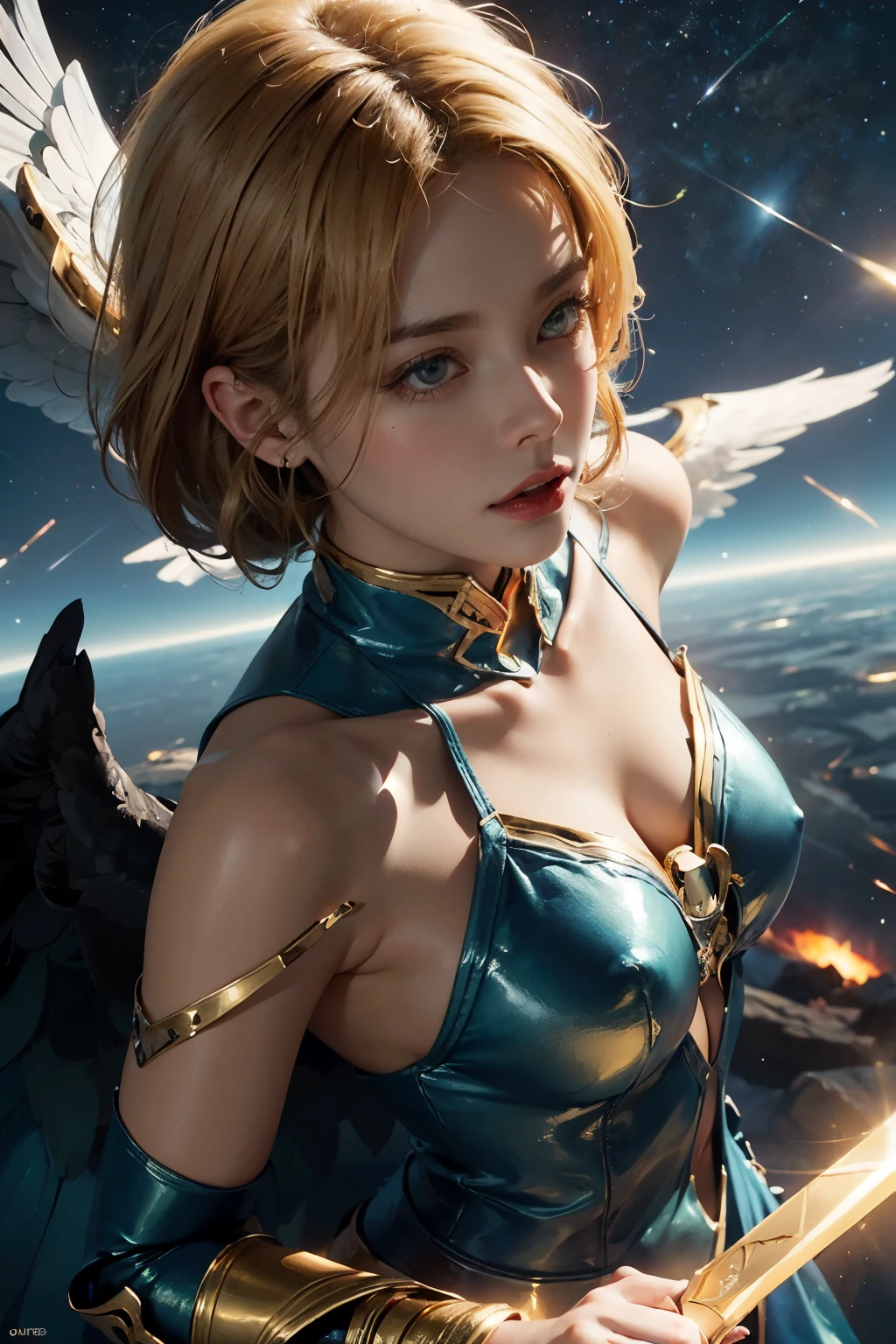 ((best quality),) ((ultra realistic)), ((detailed face)), ((masterpiece)), (perfect angel dagger), ((high-angle)), angel of doom flying over the blue-green earth, very big majestic wings, angel holding glowing a golden warrior dagger, blonde hair, harsh descent towards the planet from outer space, glow with power, gleaming golden armor glinting in the starlight, planet swirling with blues and greens under a hazy atmosphere, powerful, perspective , epic dark fantasy artwork, dynamic motion, 32k UHD, hyper-realistic, glowing, precisionist lines, cinematic, ultra details, LnF, GlowingRunes_yellow,