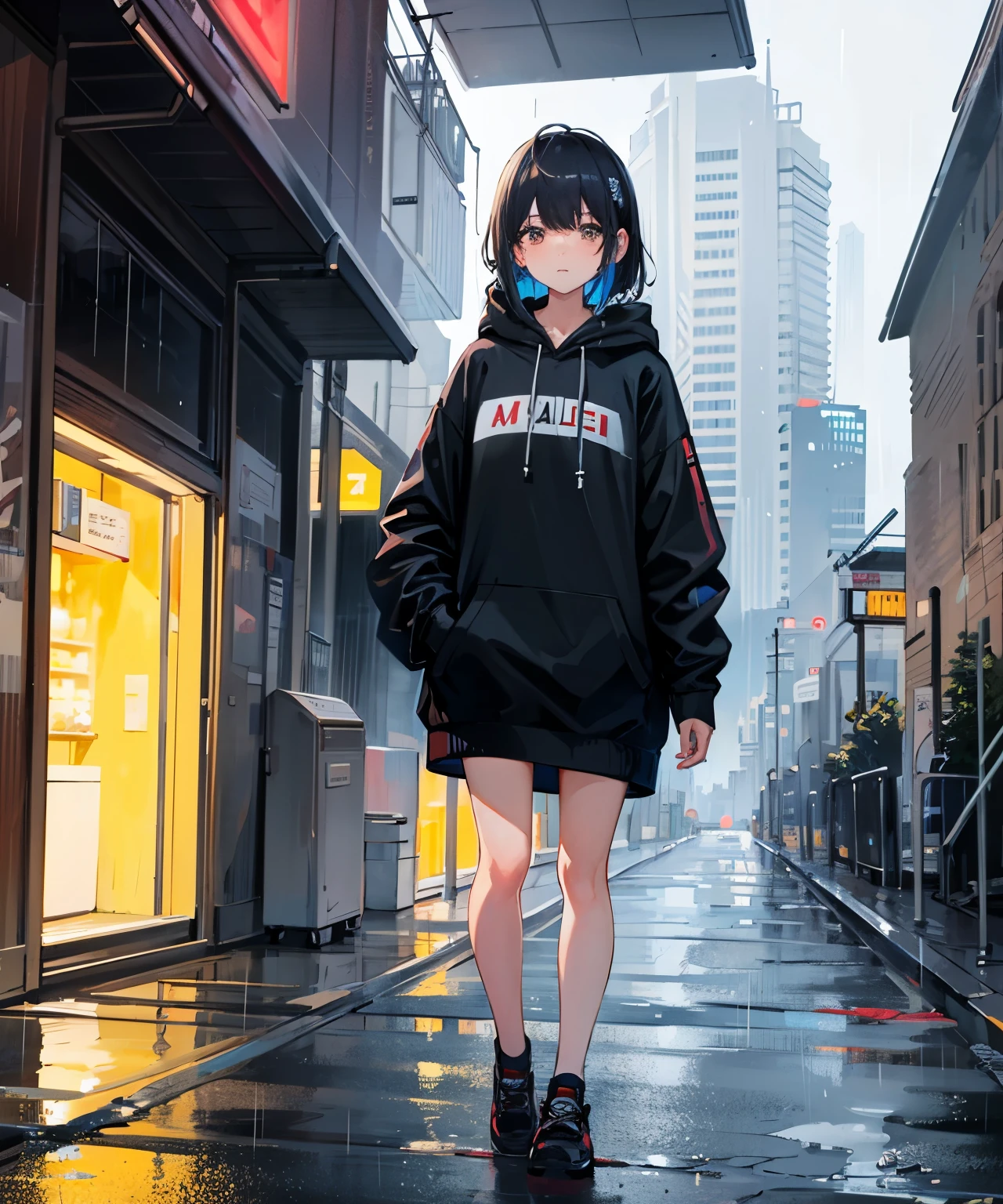masterpiece, woman alone, alone, Incredibly Absurd, hoodie, headphone, distance, outdoor, rain, neons,