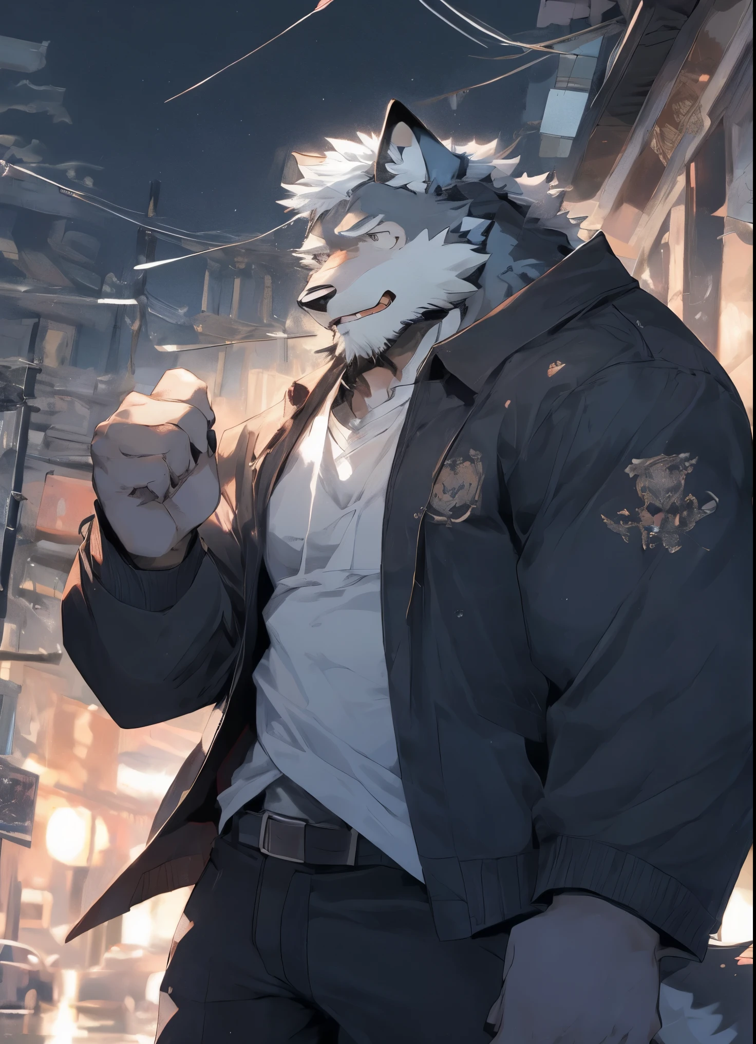 hairy，（（Wolf，Black-rimmed glasses，orange fire jacket）），beard，Hair is a long ponytail，long tail，white fur，male，Common，full-body shot，dynamic poses，giggle，rainy day，night，dark night，Detailed background，极其lifelike阴影，masterpiece，Very detailed，lifelike