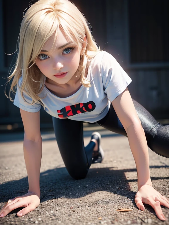 (best quality, 8k, highres, photorealistic:2.0), (solo, one girl:2.0),(lighting: front),(lighting: strong),(ultimate beautiful girl:2.0),(shiny skin:1.5),(oily skin:1.5),(platinum blonde hair:1.5),Blush brown makeup , dark eye makeup , use pink glossy lipstick,(big eyes girl:1.5),(girl amazing sex appeal:1.5),(woman crawling on all fours:1.5),(A woman smiling at the viewer),(Wearing a t-shirt and tight leggings:1.5)