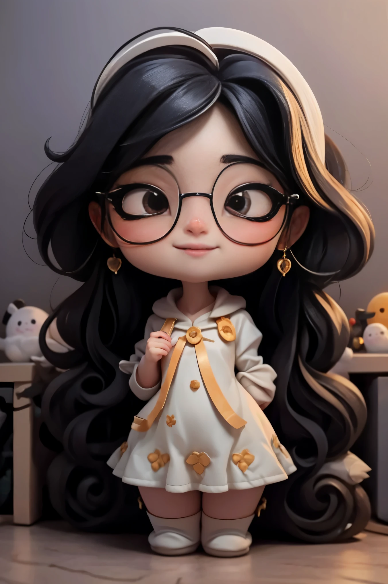 Create an 18K version of the Beautiful Black Researcher science lab , She's happy and smiling.,  monstra do seu lindo sapatinho de boneca,glasses luxury Detailed details, Jolie Science Lab : Deve estar vestido com um jaleco p ficar charmoso e bonito mostrar toda a sua altura , do personagem original. science laboratory must have a round face and large dimensions, olhos claros, long eyelashes and rosy cheeks. Seu cabelo deve ser longo e tons preto de cor escuro. bonito: Vestir chibi em um jaleco JANAINA bonito e FOFO 
Create an 18K version of the Beautiful Black Researcher science lab , cabelo preso, cabelo solto, modern accessories , luxury and glasses Detailed details, Jolie Science Lab : Deve estar vestido com um jaleco p ficar charmoso e bonito mostrar toda a sua altura , do personagem original. science laboratory must have a round face and large dimensions, olhos claros, long eyelashes and rosy cheeks. Seu cabelo deve ser longo e tons preto de cor escuro. bonito: Vestir chibi em um jaleco JANAINA bonito e FOFO 
