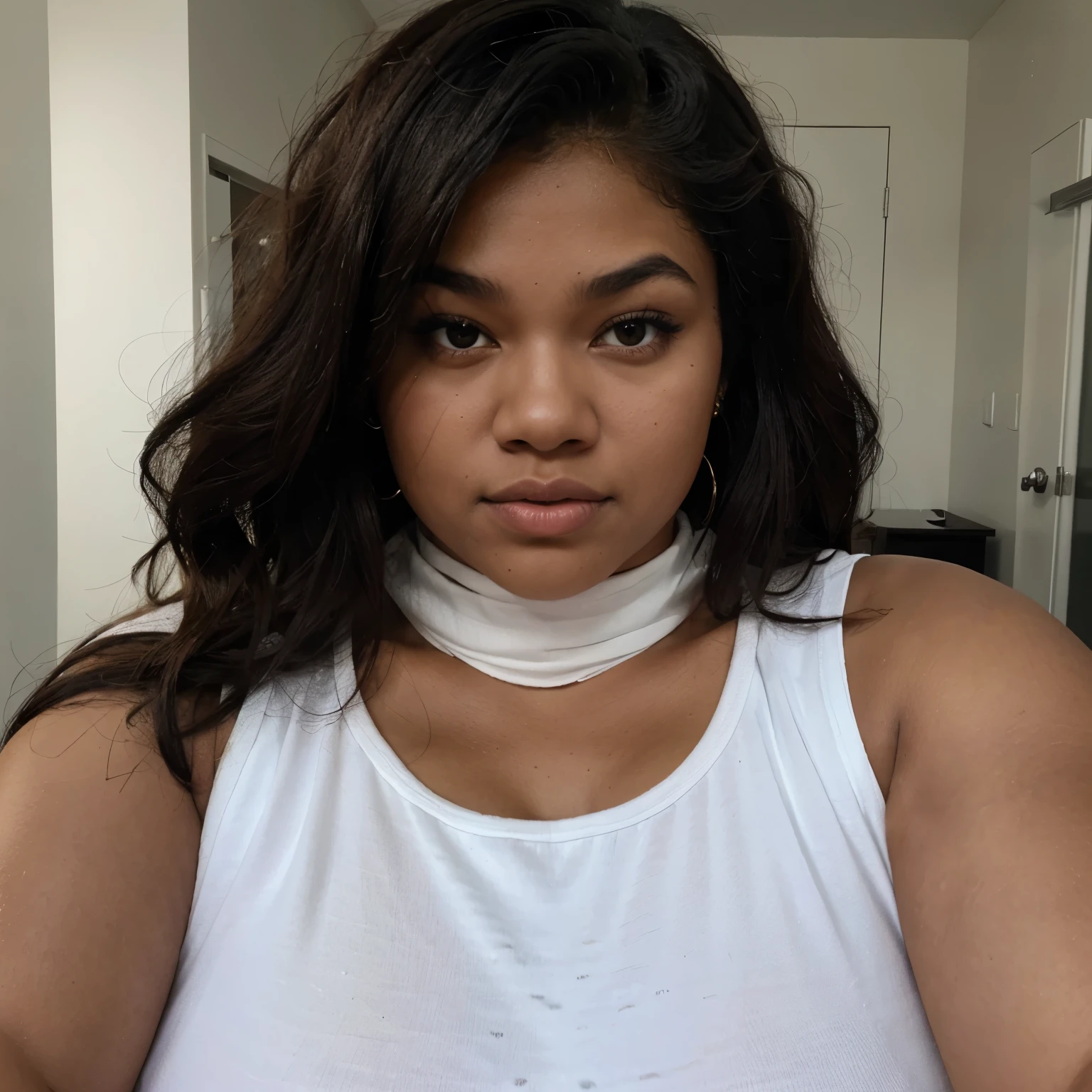 chubby Woman who looks like zendaya. Dark skin, muscular. White milk in her face. Selfie