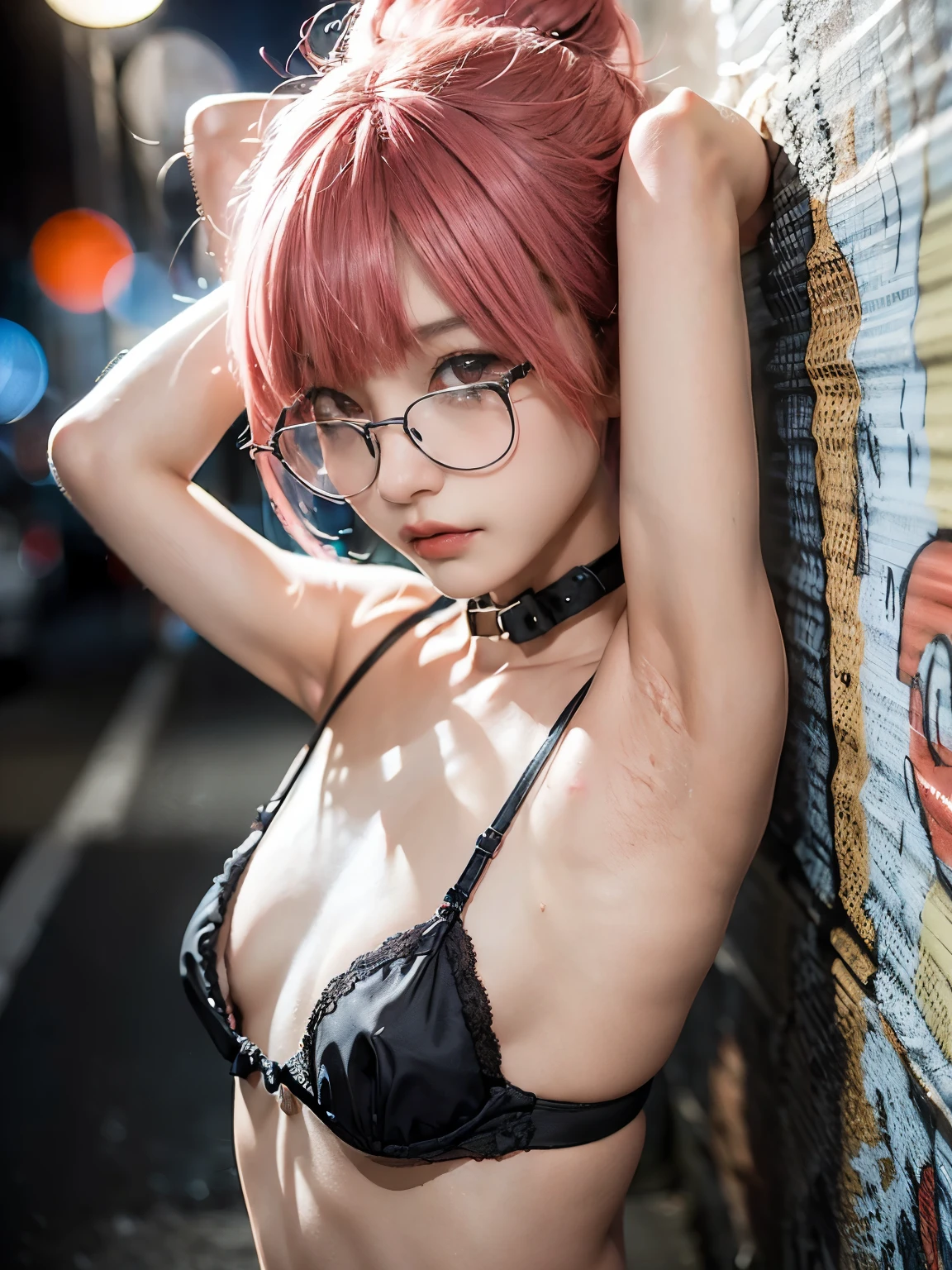 raw photo, 8k, (top-quality), Realistic, (real picture, Intricate details), (natural skin texture, detailed skin, hyper realism), (((flat chest:1.5))), (Japanese teenage girl standing in a dirty back alley at night, graffitied wall:1.3, hands on  head, armpits exposed), ((black lace bra, black thongs)), (black leather collar), (pale skin), ((pink hair, shorthair, short bangs)), (glasses, seductive face, provocative look, Parted lips:1.3), thigh, graffiti:1.5, trash can, neon light, night time, spot lighting:1.3, Full body shot