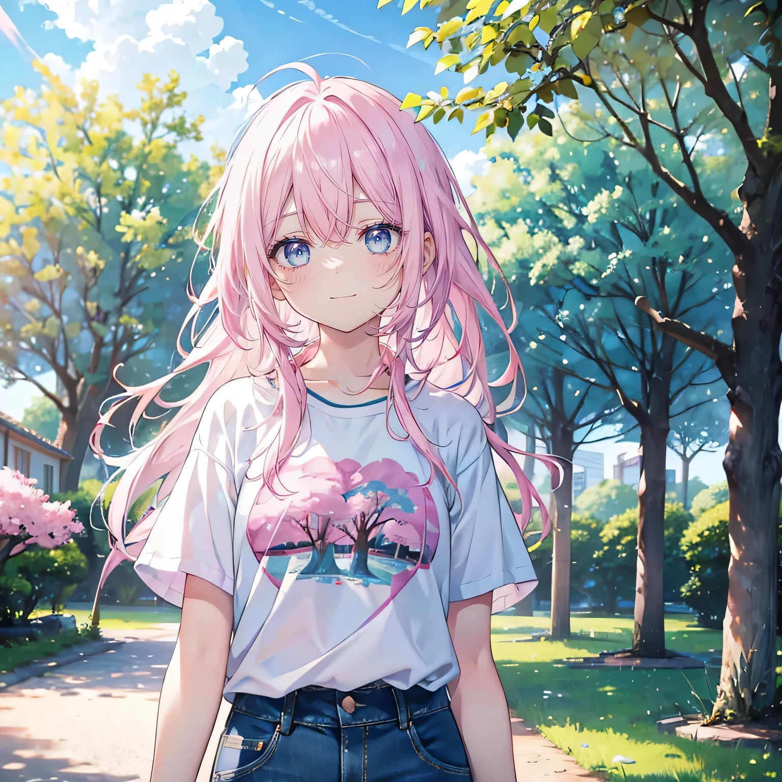 pink hair,long white hair,Qi bangs,Qi bangs,sky blue eyes,charming,teenage girl,White short sleeves,Denim shorts,,Sakura trees in the background,blue sky,happy expression